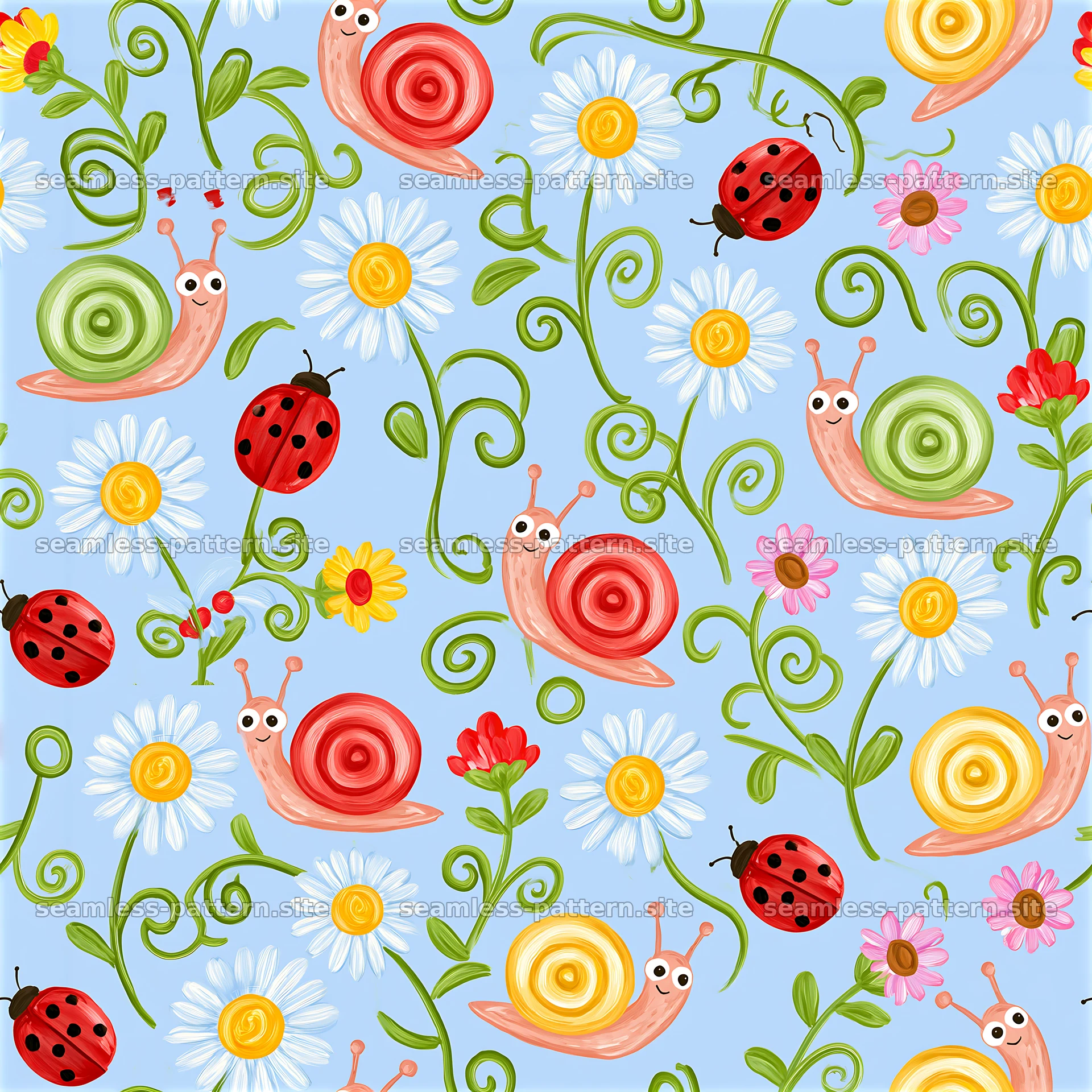 Colorful Hand Painted Snail and Garden Insect Pattern — seamless tileable pattern at 8192x8192