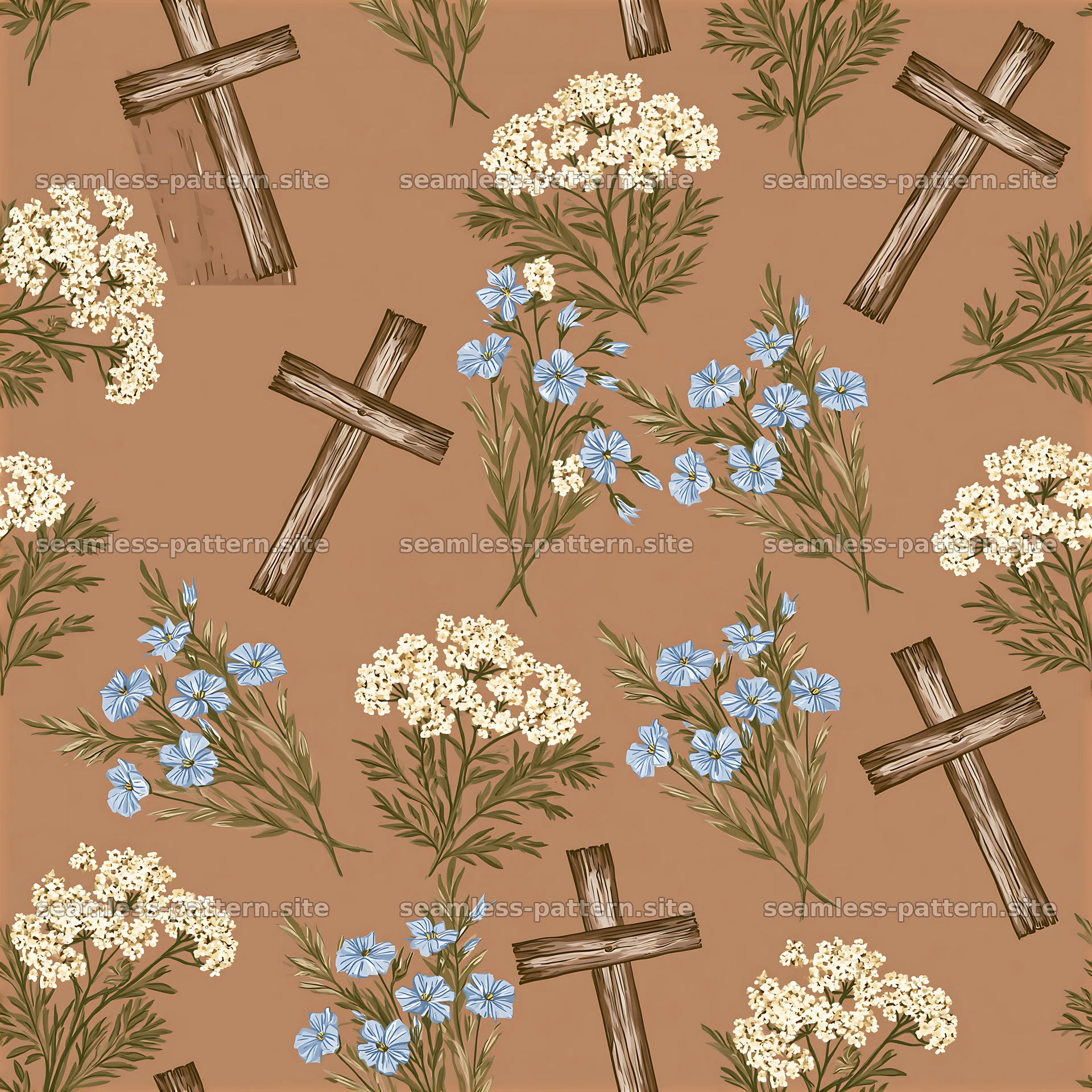 Seamless pattern of simple wooden crosses and wildflowers on brown background — seamless tileable pattern at 8192x8192