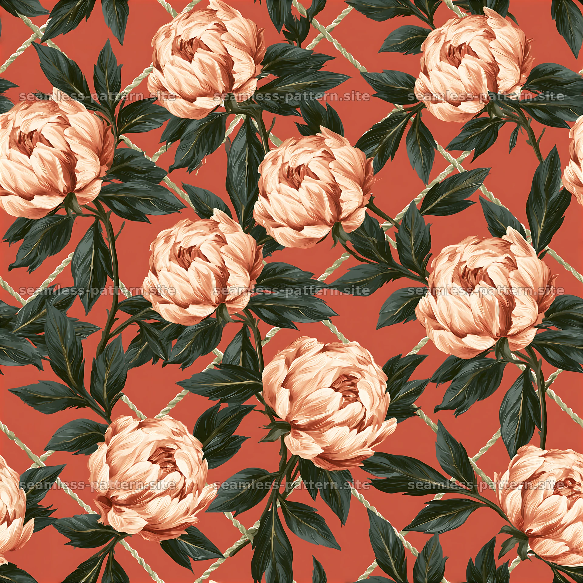 Peony repeat pattern on coral background with green leaves and lines — seamless tileable pattern at 8192x8192