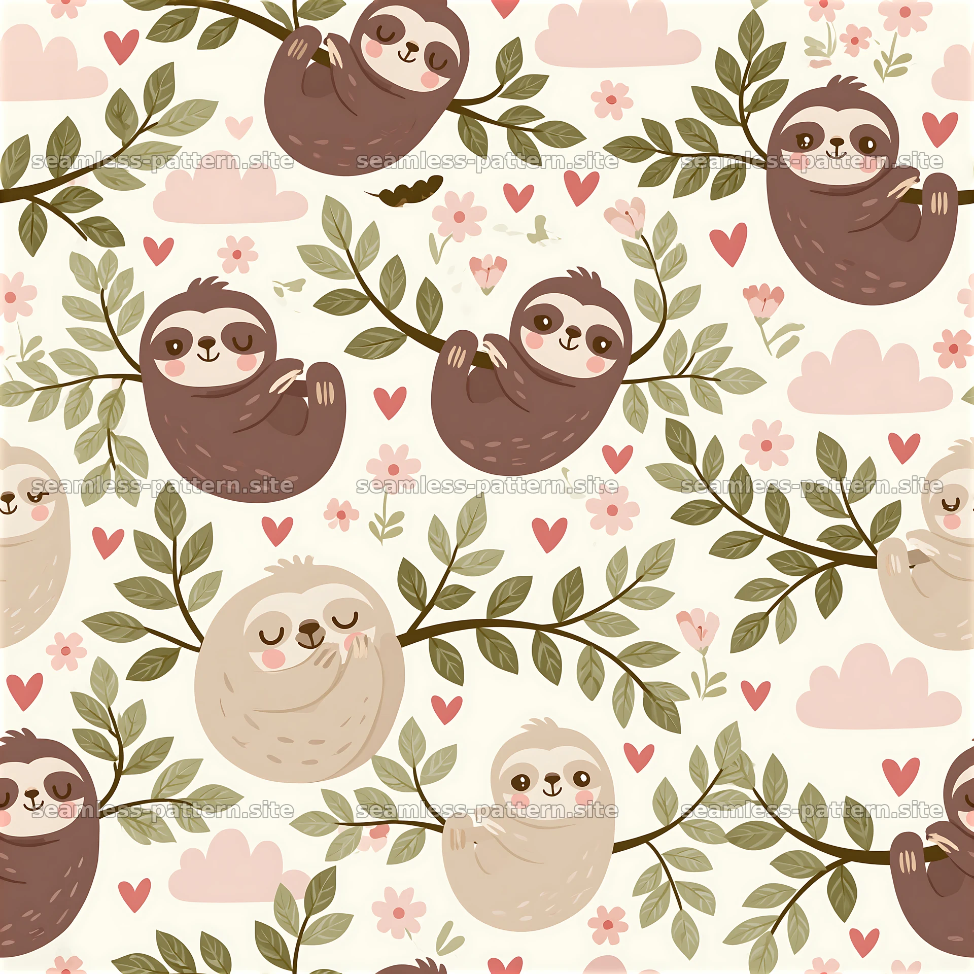 Cute sloths and flowers create a playful seamless pattern — seamless tileable pattern at 8192x8192