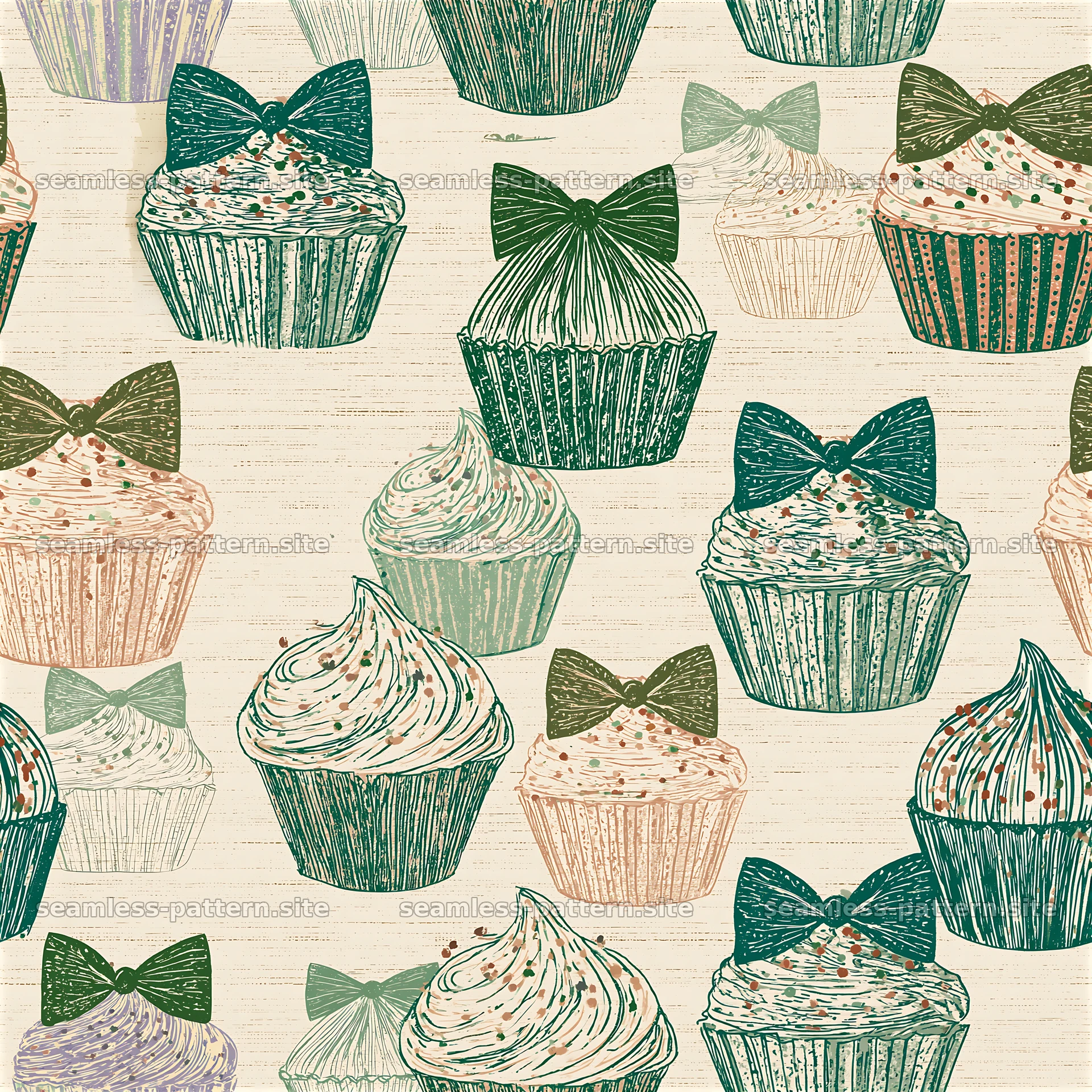 Cute Cupcake and Bow Seamless Pattern — seamless tileable pattern at 8192x8192