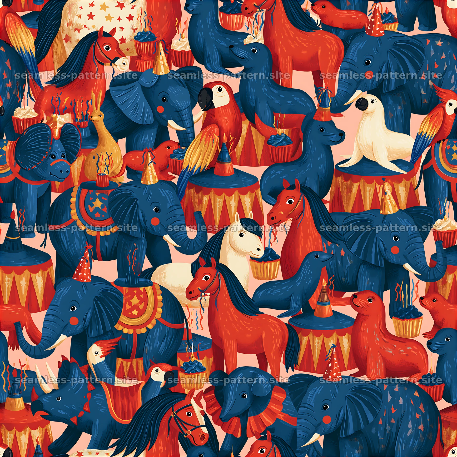 Colorful animals in a festive setting for celebration designs — seamless tileable pattern at 8192x8192