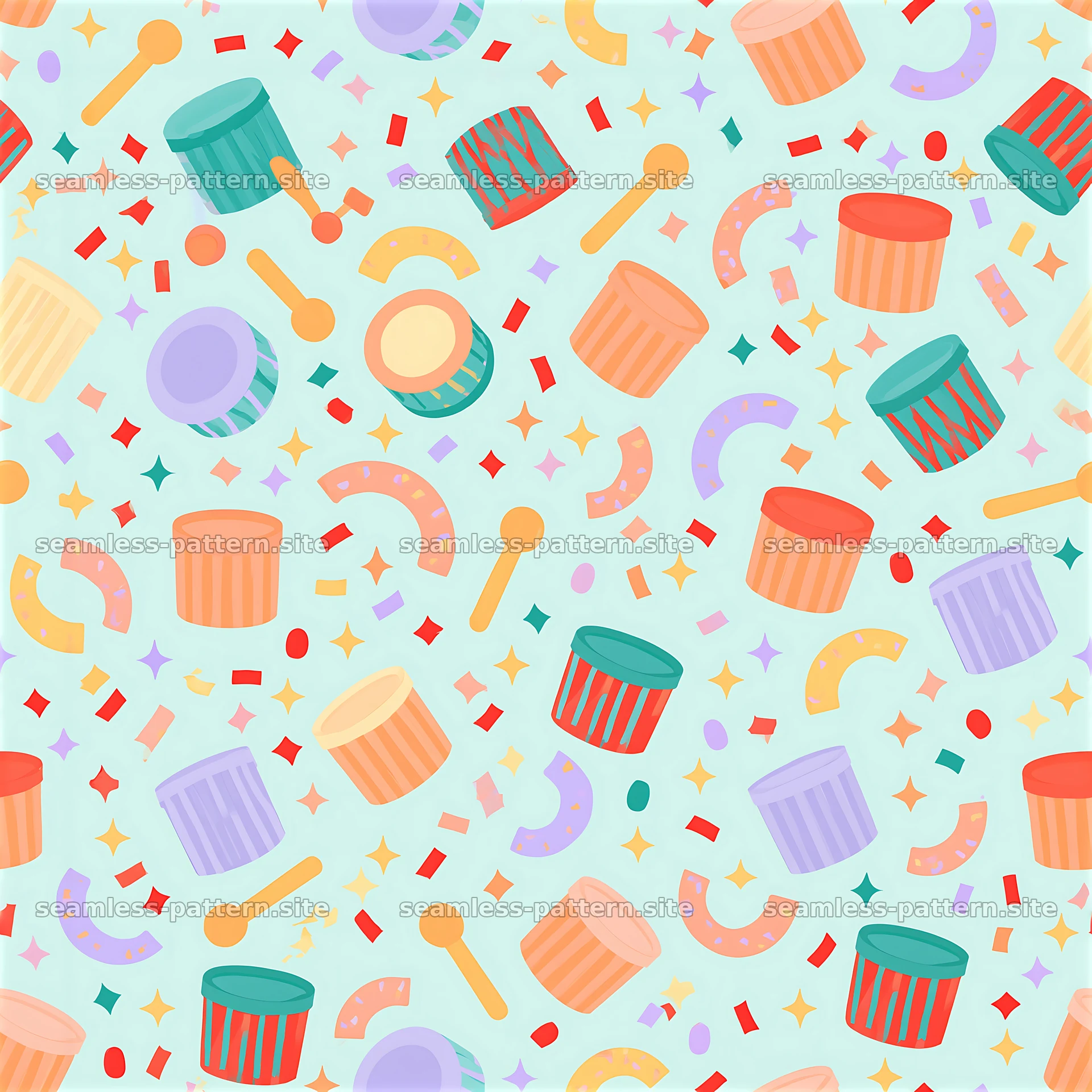 Colorful festive drums seamless pattern with shapes and confetti — seamless tileable pattern at 8192x8192