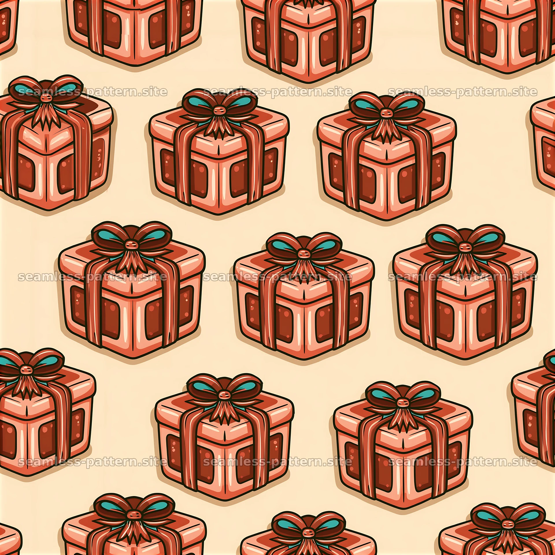 Repeating coral gift box pattern with decorative bows — seamless tileable pattern at 8192x8192