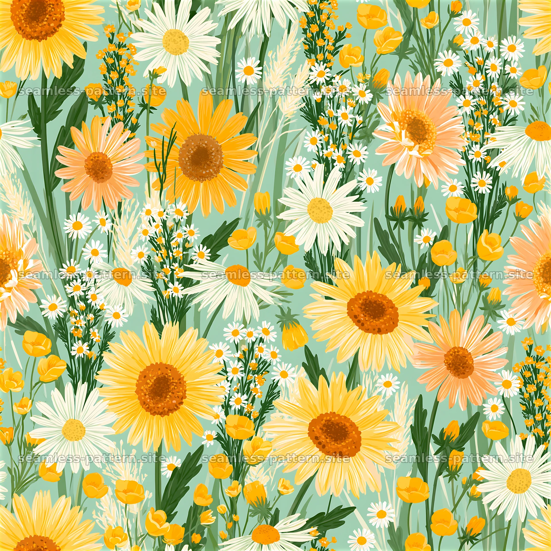 Meadow flower seamless pattern with bright blooms and green stems — seamless tileable pattern at 8192x8192