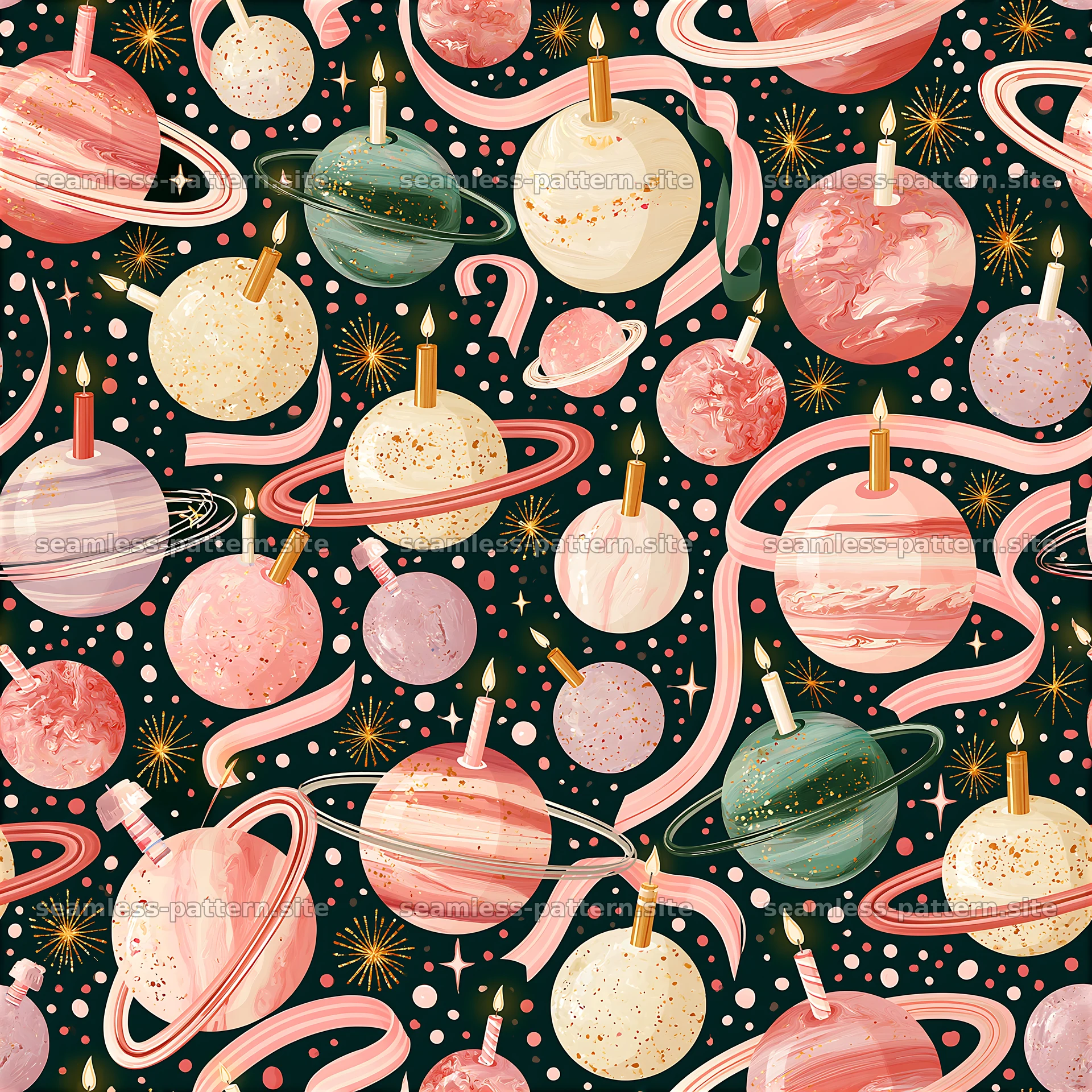 Colorful planets with candles in a seamless pattern for celebrations — seamless tileable pattern at 8192x8192