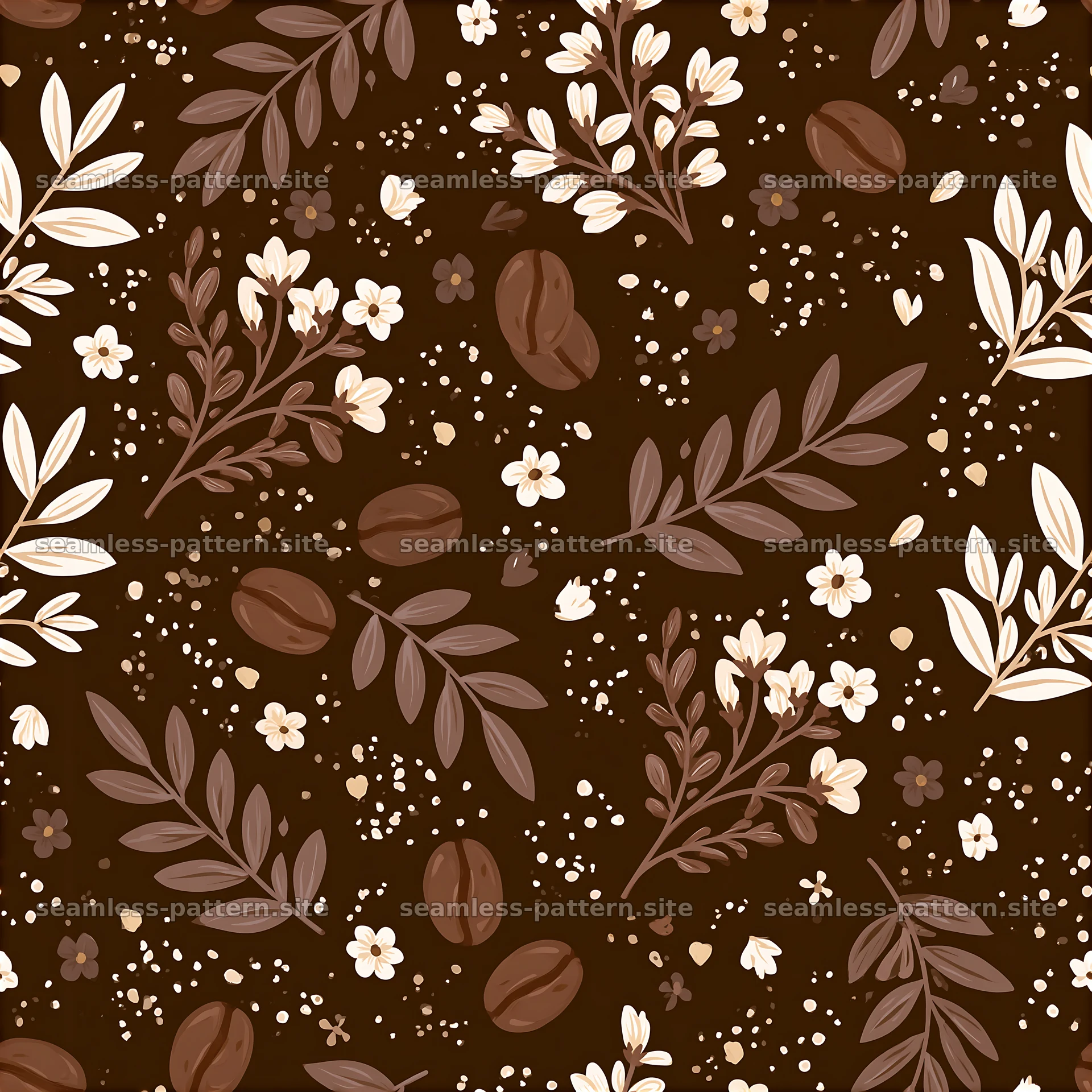 Floral and coffee bean seamless pattern in brown tones — seamless tileable pattern at 8192x8192