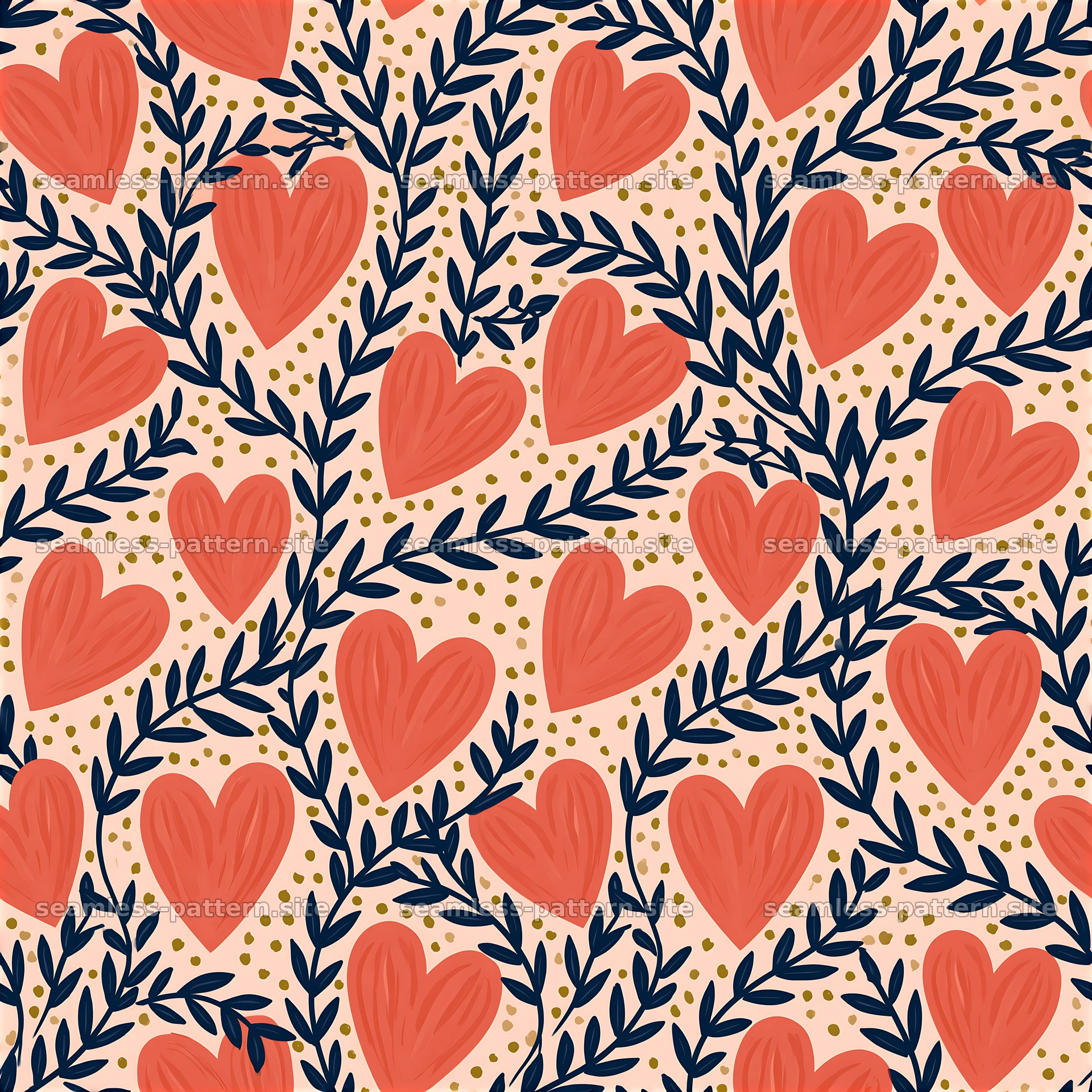 Coral Hearts and Navy Foliage Seamless Pattern — seamless tileable pattern at 8192x8192