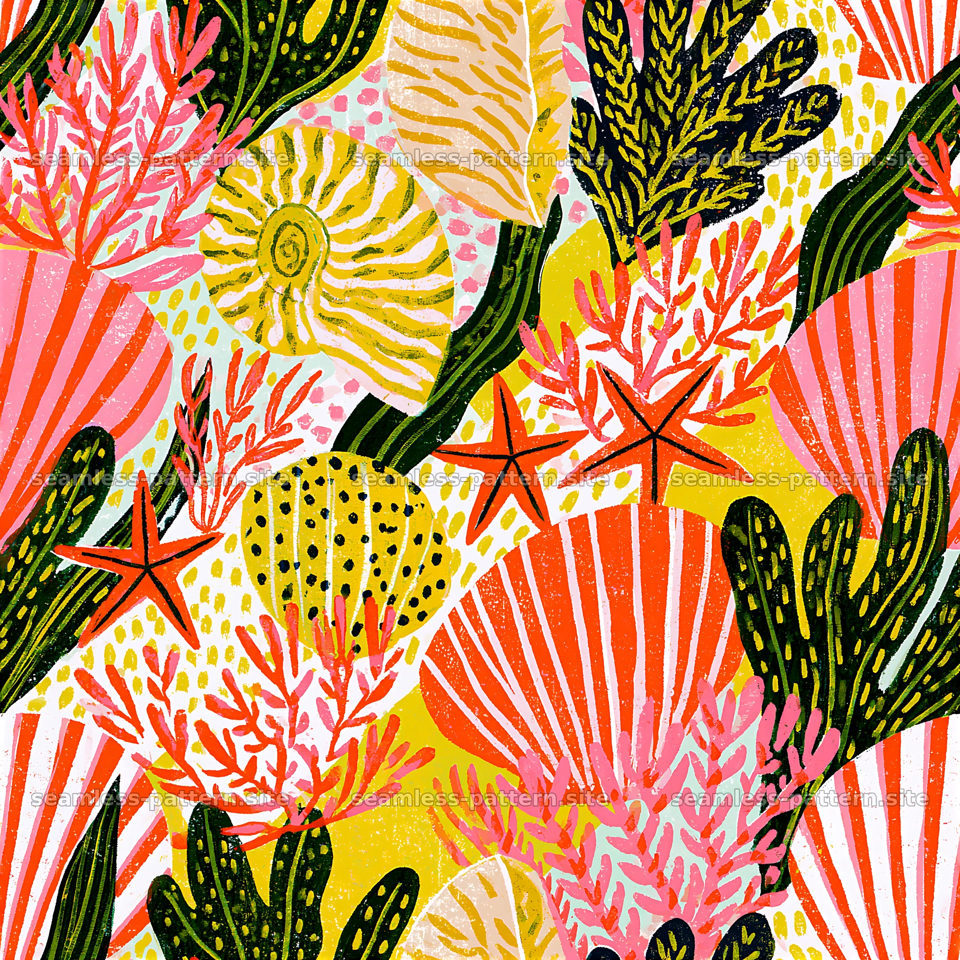 Colorful Vintage Botanical Sea-Inspired Seamless Pattern — seamless tileable pattern at 8192x8192
