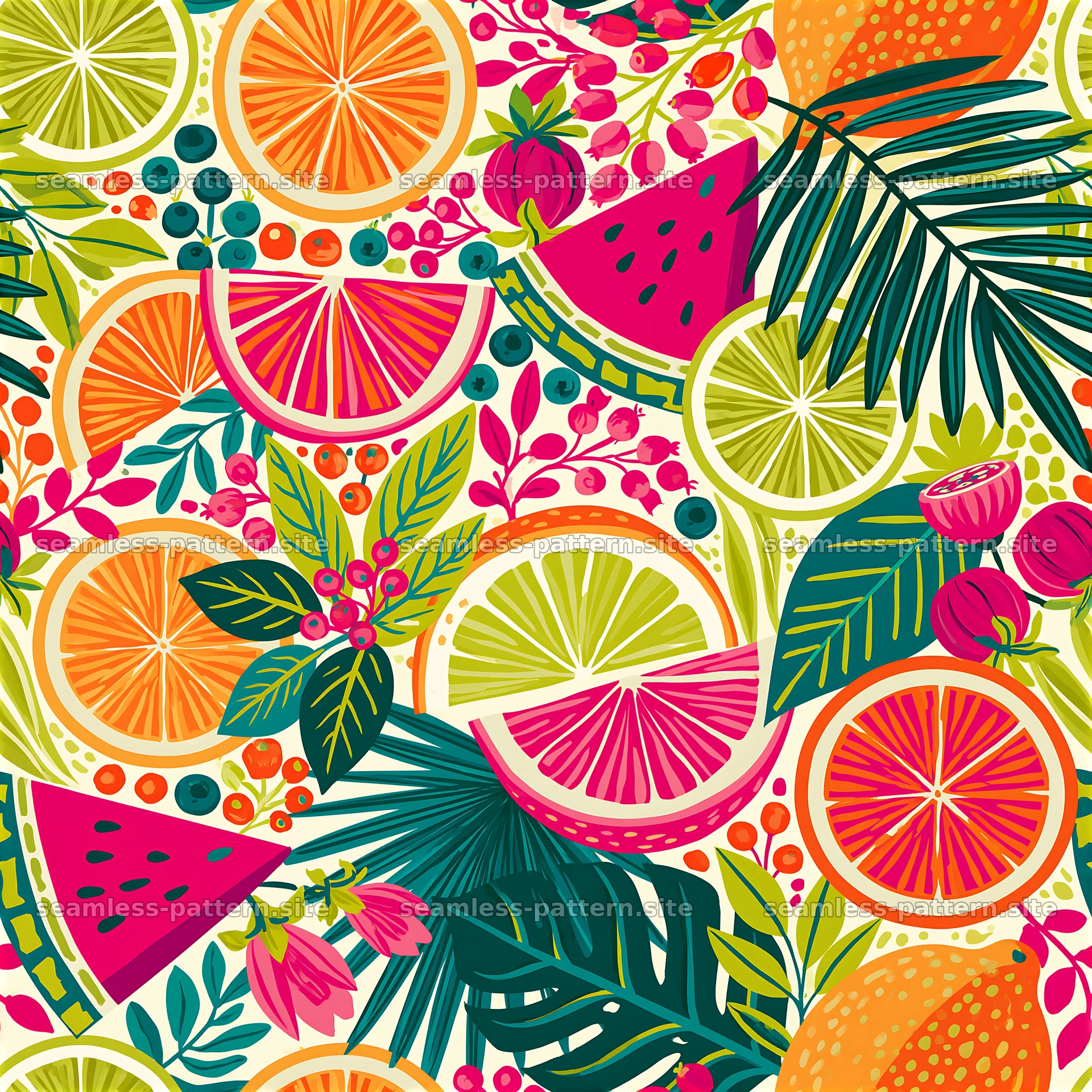 Colorful Tropical Fruit and Foliage Seamless Pattern — seamless tileable pattern at 8192x8192