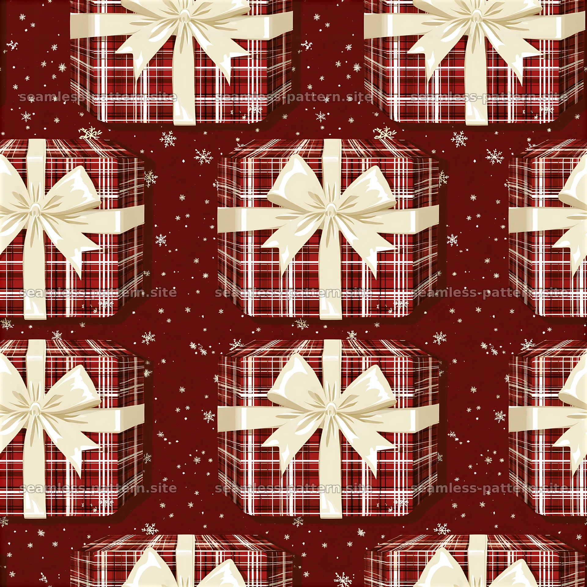 Repeat pattern of red plaid holiday parcels with bows — seamless tileable pattern at 8192x8192