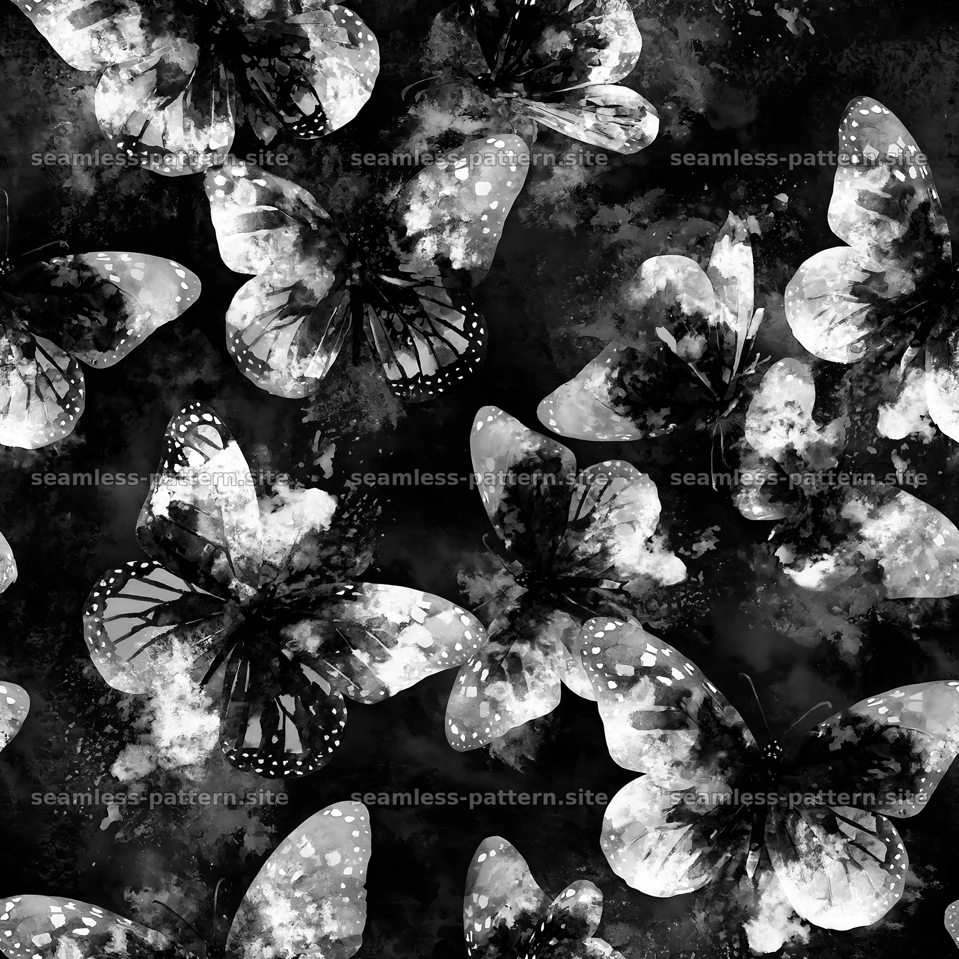 Watercolor butterfly seamless pattern in black and white — seamless tileable pattern