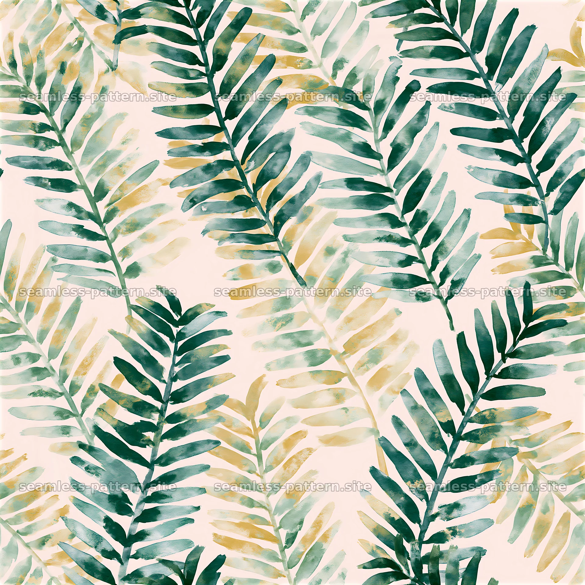 Seamless watercolor fern pattern with green and yellow leaves on — seamless tileable pattern at 8192x8192