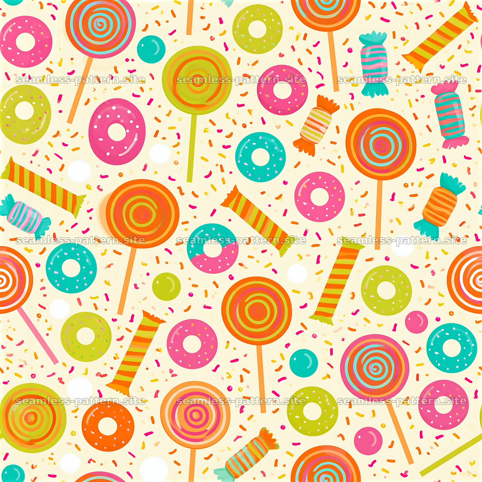 Colorful candy seamless pattern with various sweets and treats — seamless tileable pattern at 8192x8192