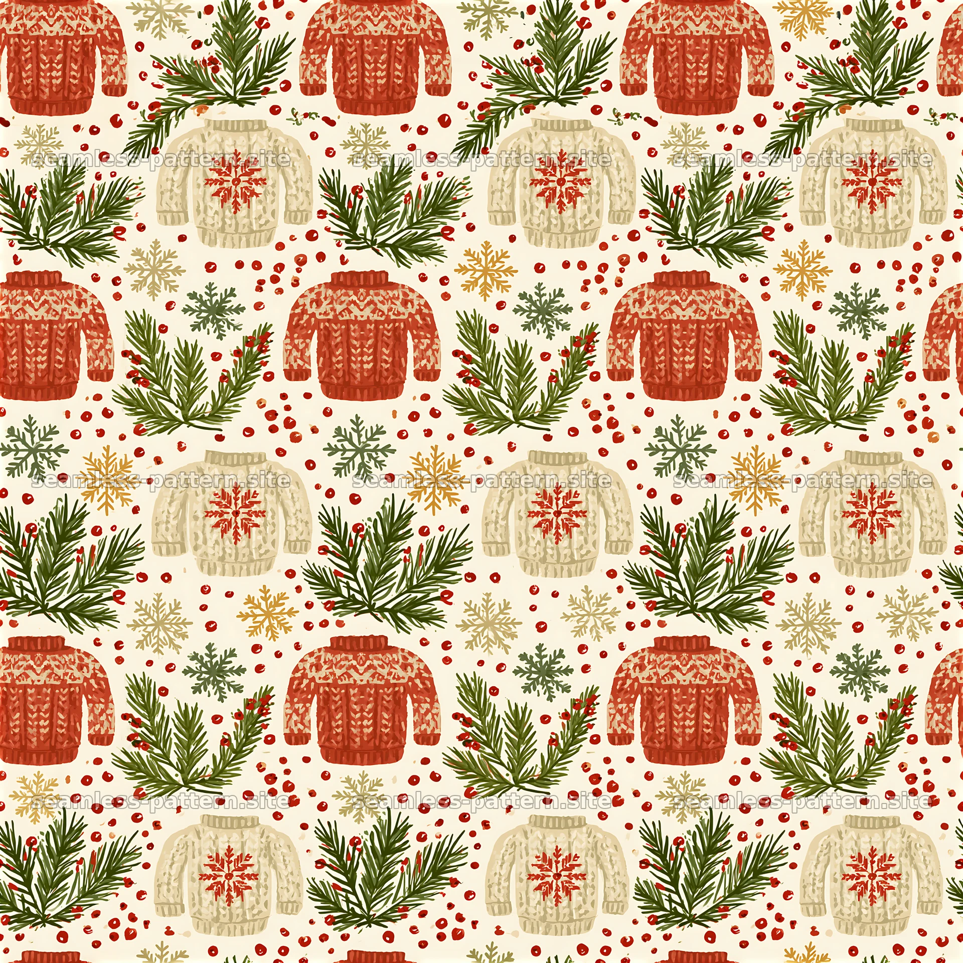Rustic Christmas sweater seamless pattern with pine branches — seamless tileable pattern at 8192x8192