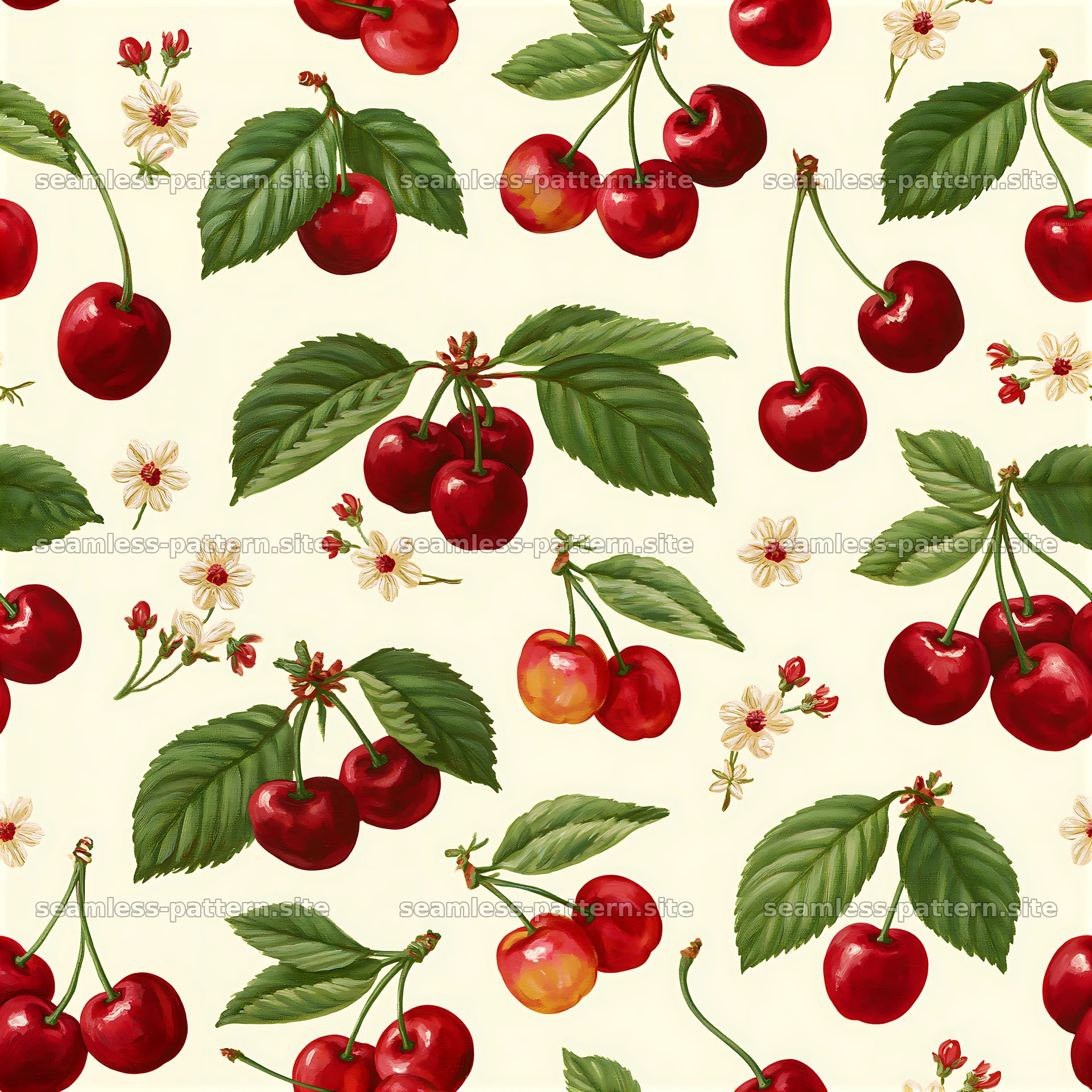 Fresh cherries in a seamless pattern for fabric and design uses — seamless tileable pattern at 8192x8192
