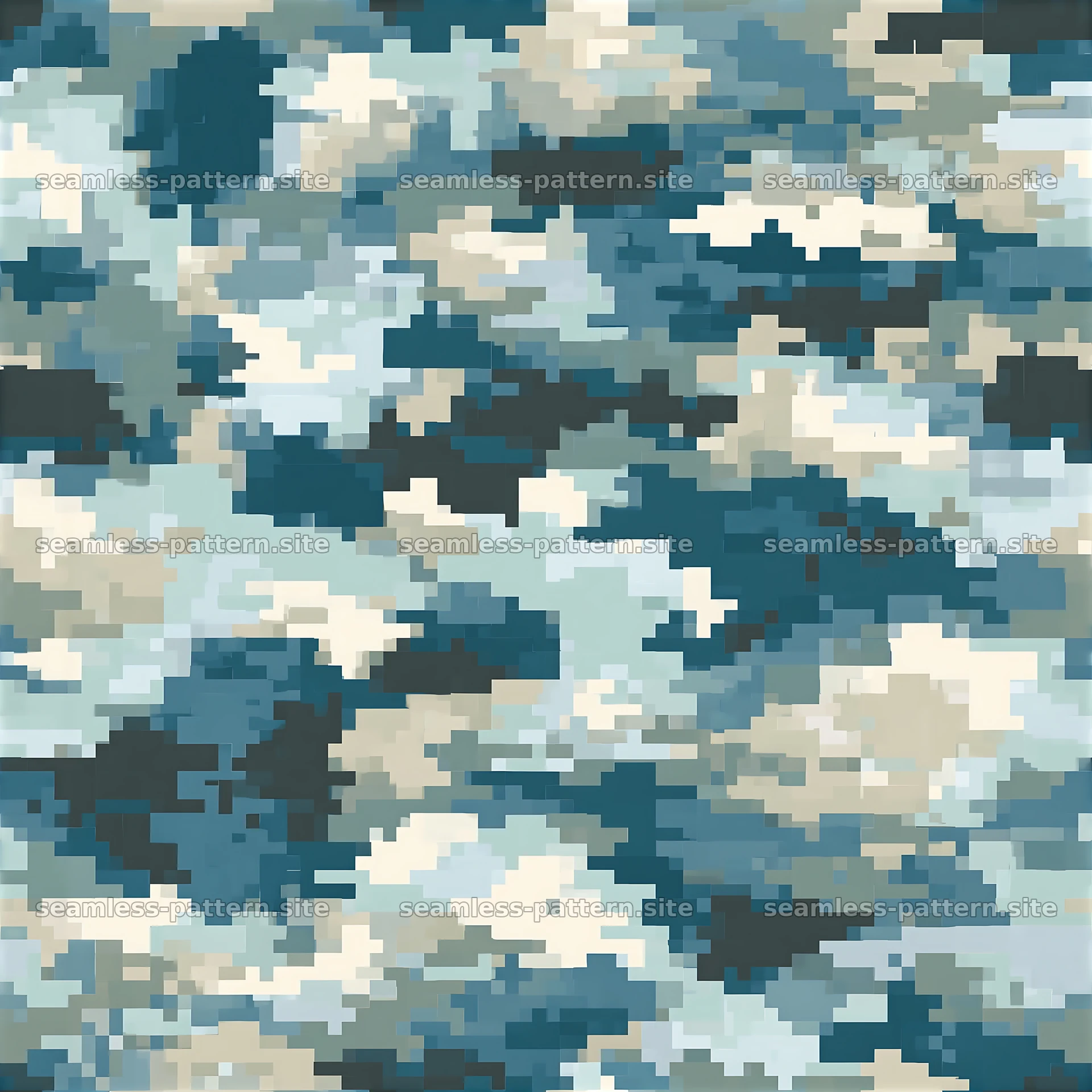 Repeat pixel camouflage pattern in shades of blue and beige — seamless tileable pattern at 8192x8192