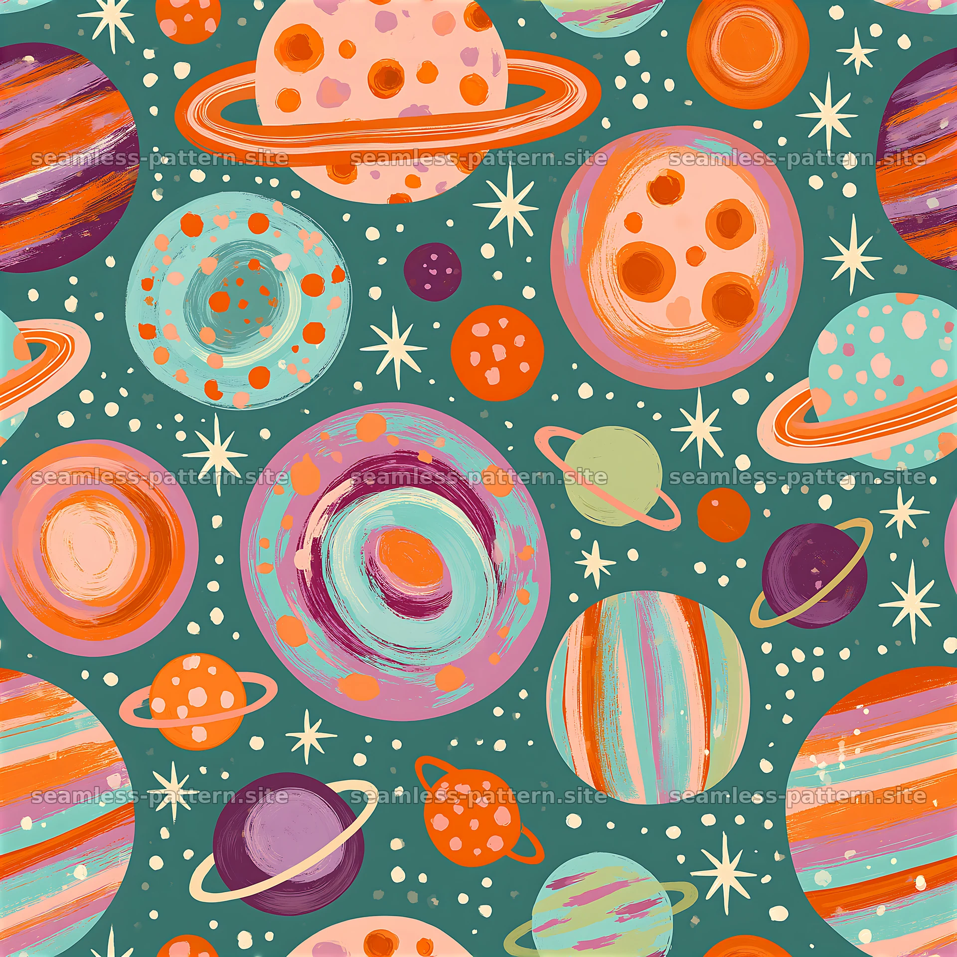 Colorful Planet Seamless Pattern with Stars and Rings — seamless tileable pattern at 8192x8192