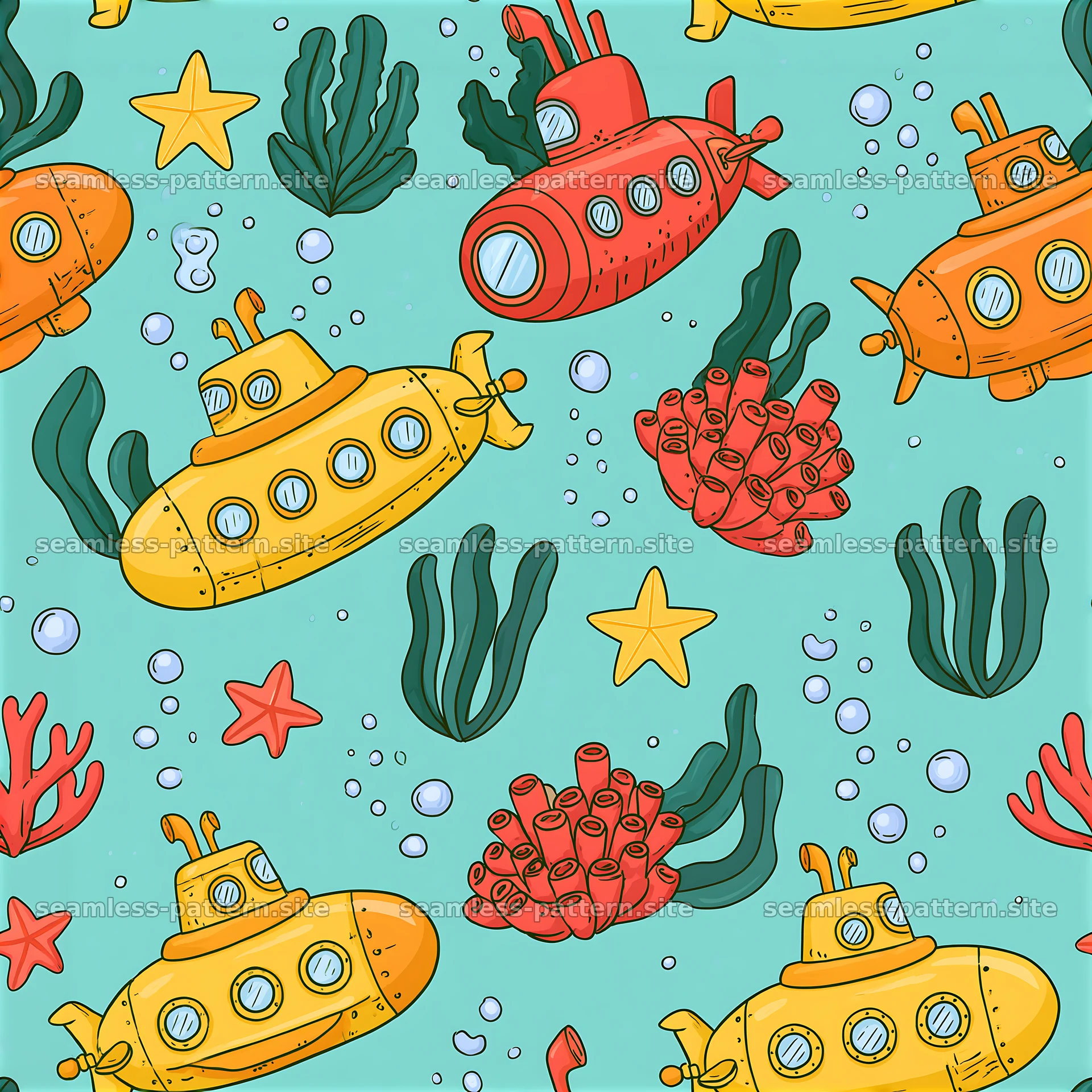 Colorful submarine seamless pattern for kids with marine life elements — seamless tileable pattern at 8192x8192
