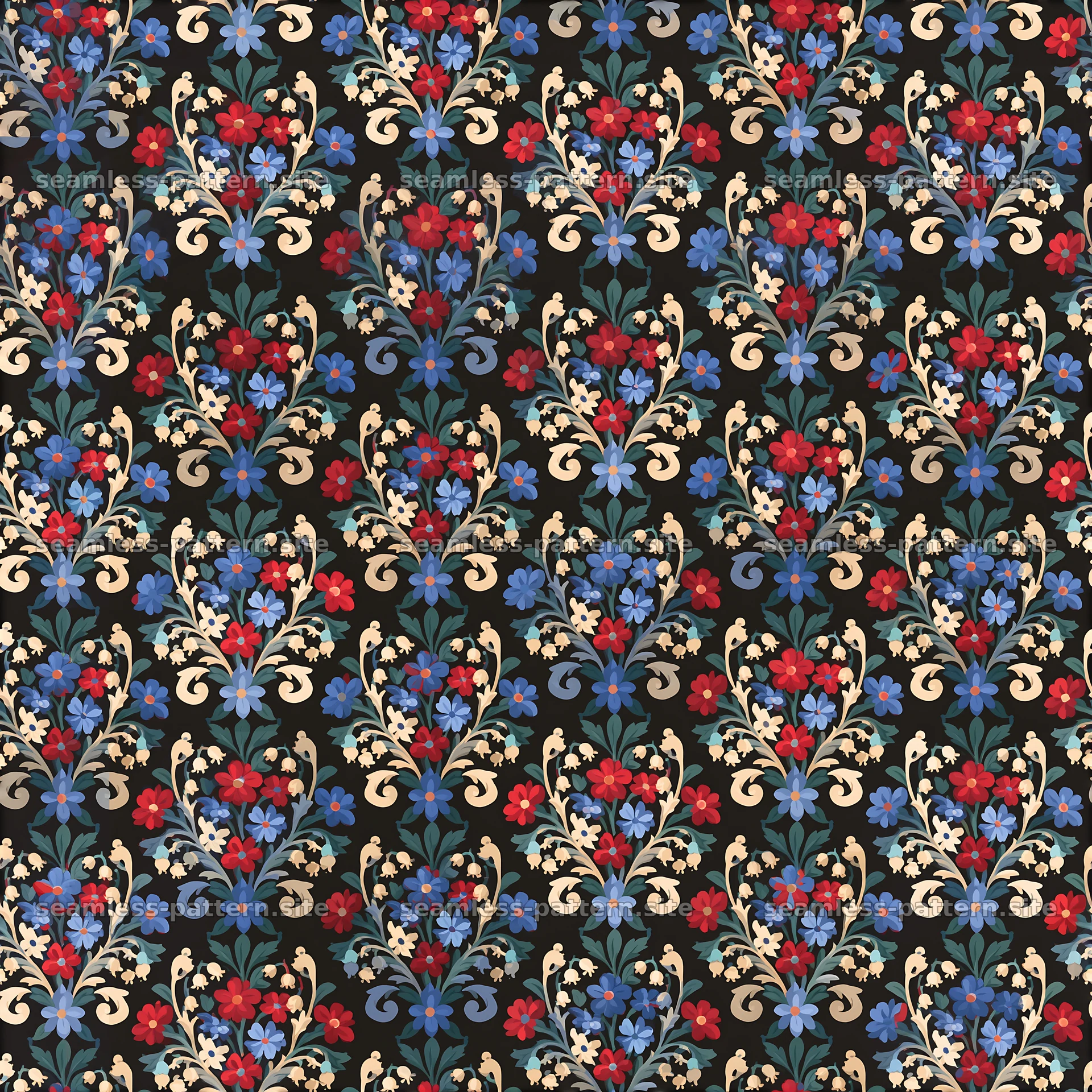 Floral design in black background with detailed elements — seamless tileable pattern at 8192x8192