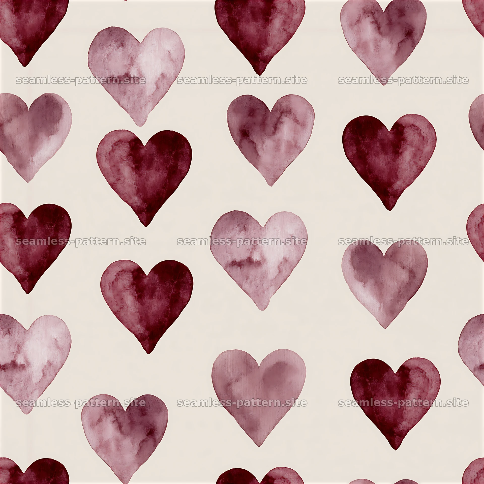 Watercolor hearts seamless pattern with red and pink heart shapes — seamless tileable pattern at 8192x8192