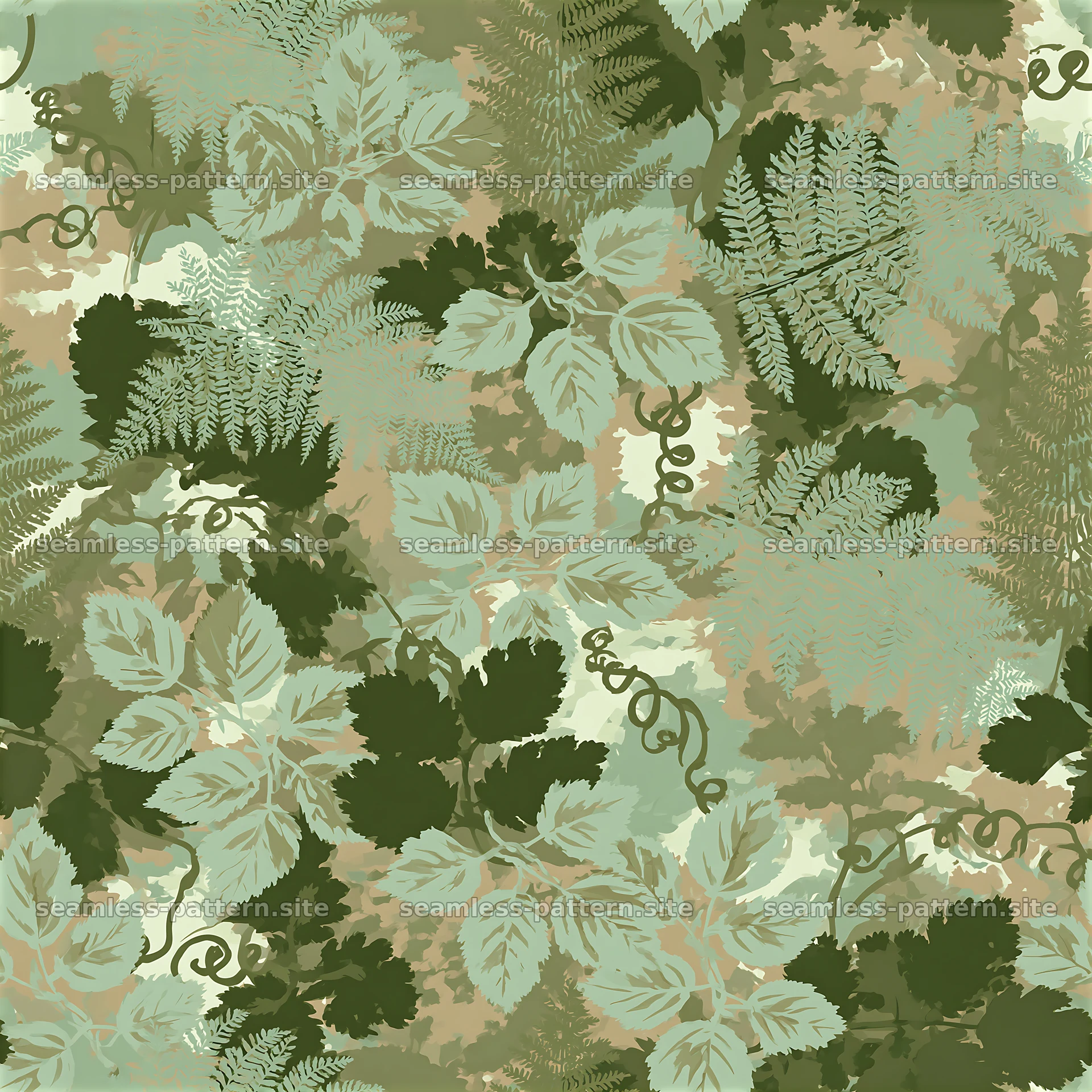 Foliage camouflage seamless pattern with ferns and leaves — seamless tileable pattern at 8192x8192