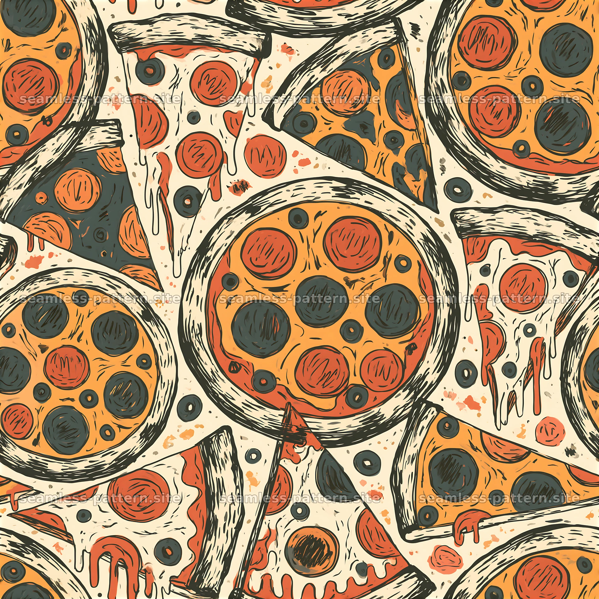 Pizza slices and whole pizzas in a fun seamless sketch pattern — seamless tileable pattern at 8192x8192