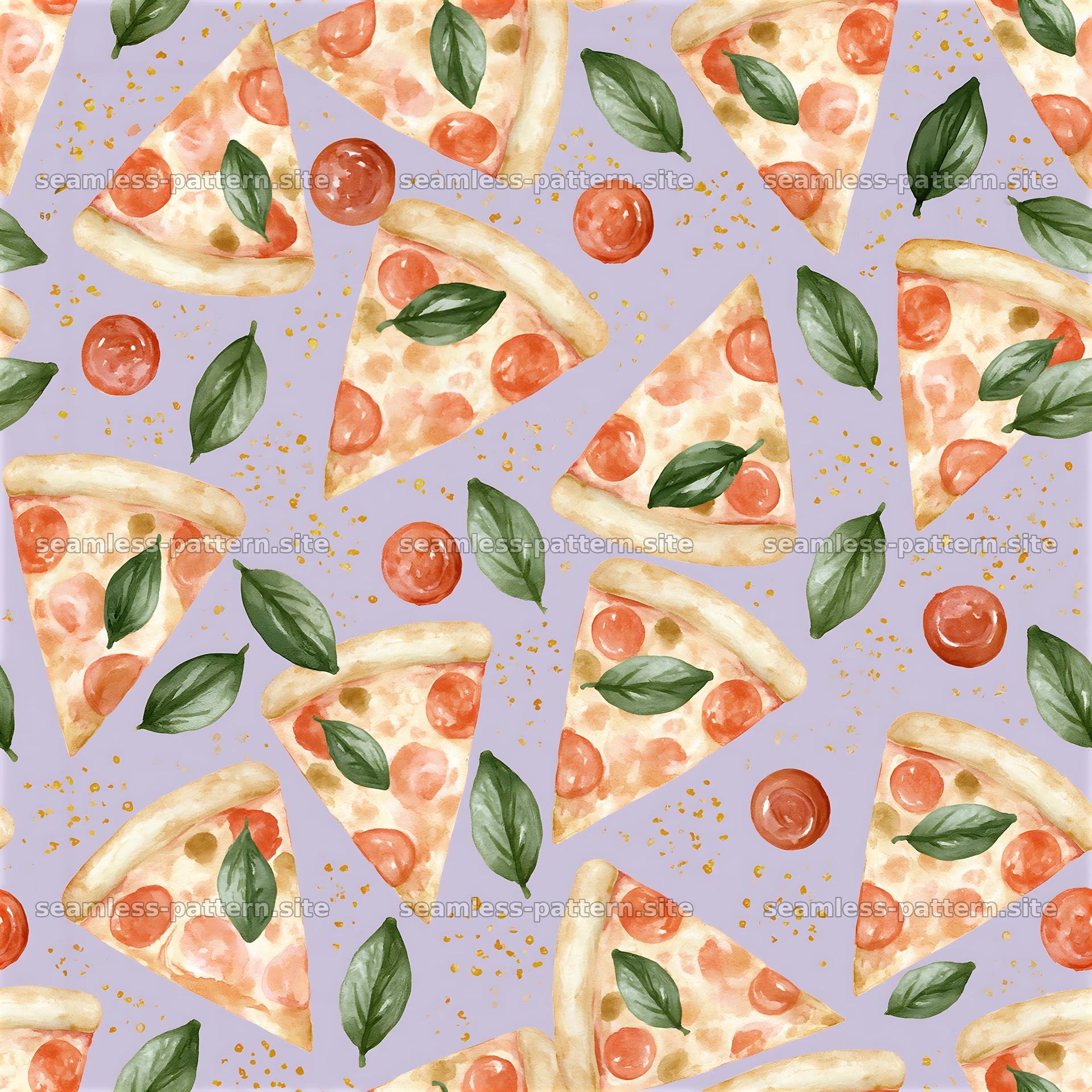 Seamless nursery pizza pattern with slices, tomatoes, and basil leaves — seamless tileable pattern at 8192x8192