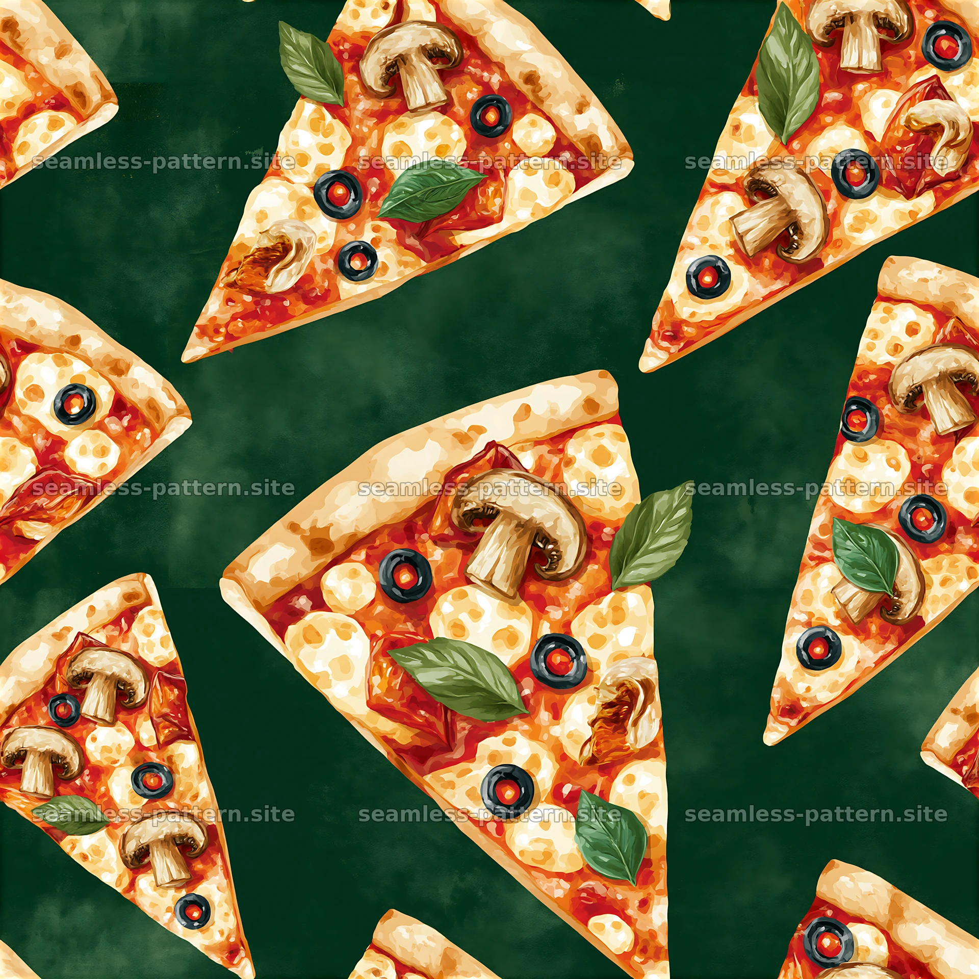 Seamless pizza slice pattern with mushrooms and olives — seamless tileable pattern at 8192x8192
