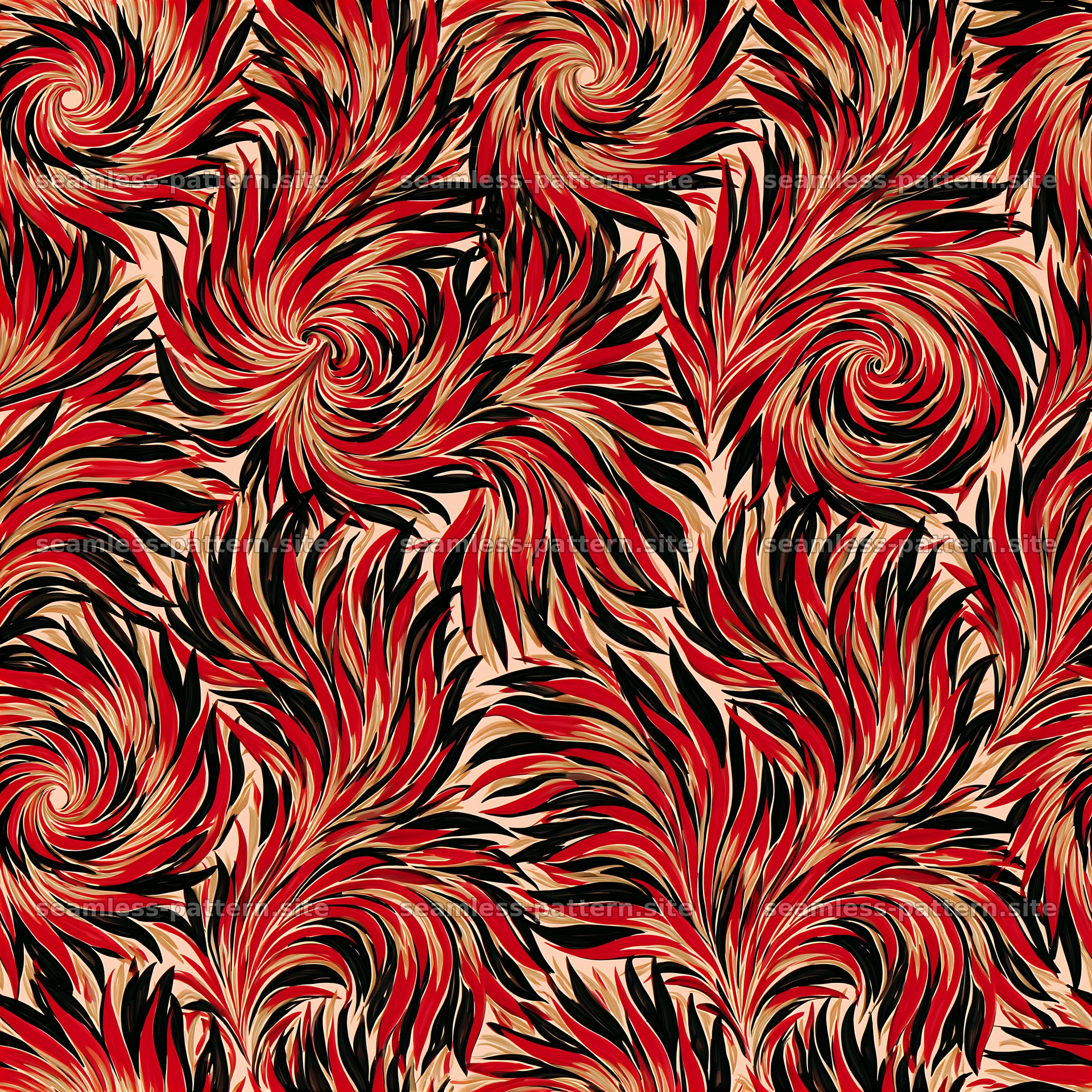 Red Black and Gold Swirling Petal Seamless Pattern — seamless tileable pattern at 8192x8192