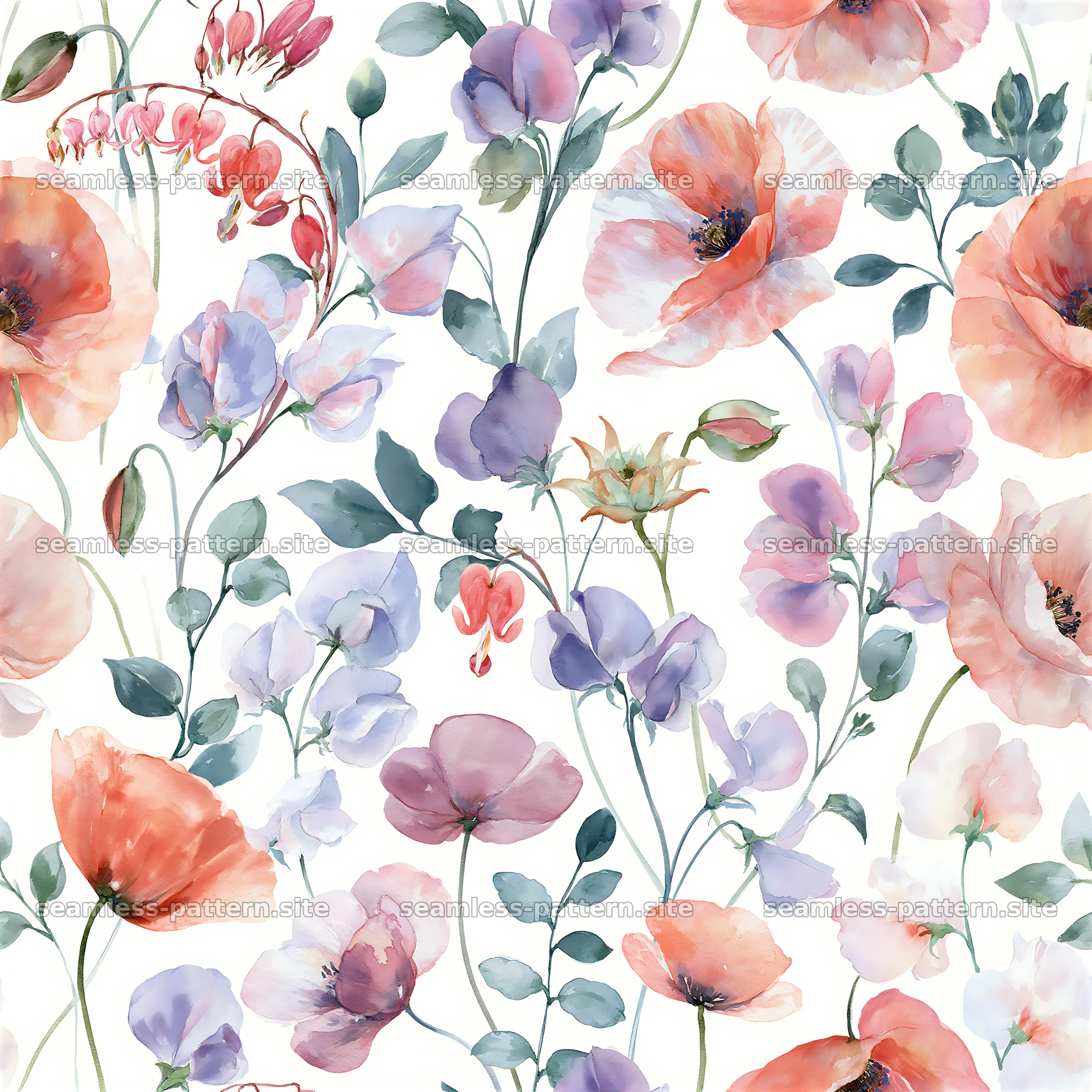 Romantic garden flowers seamless pattern with bright blossoms — seamless tileable pattern at 8192x8192