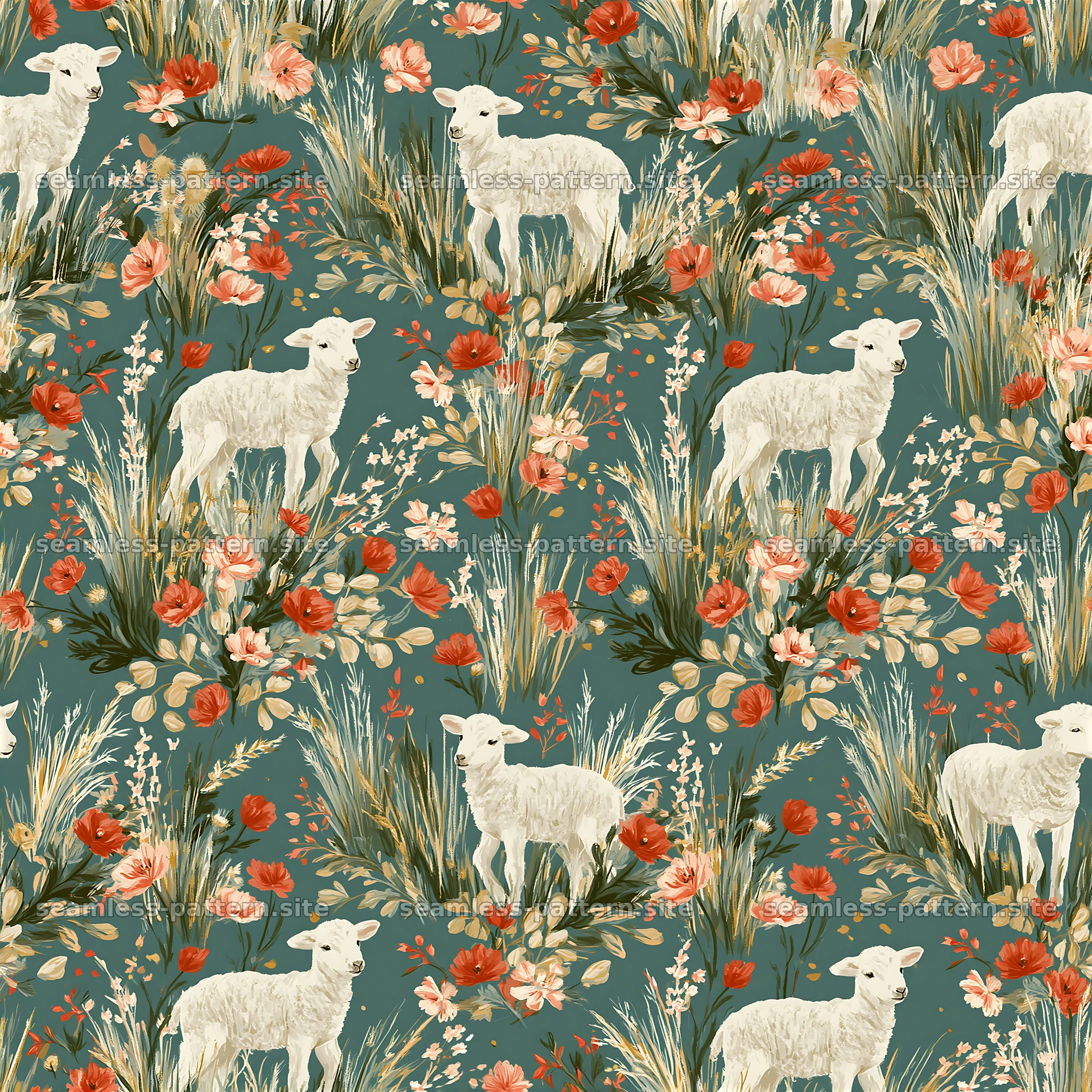 Seamless pattern featuring lambs and gentle botanical elements — seamless tileable pattern at 8192x8192