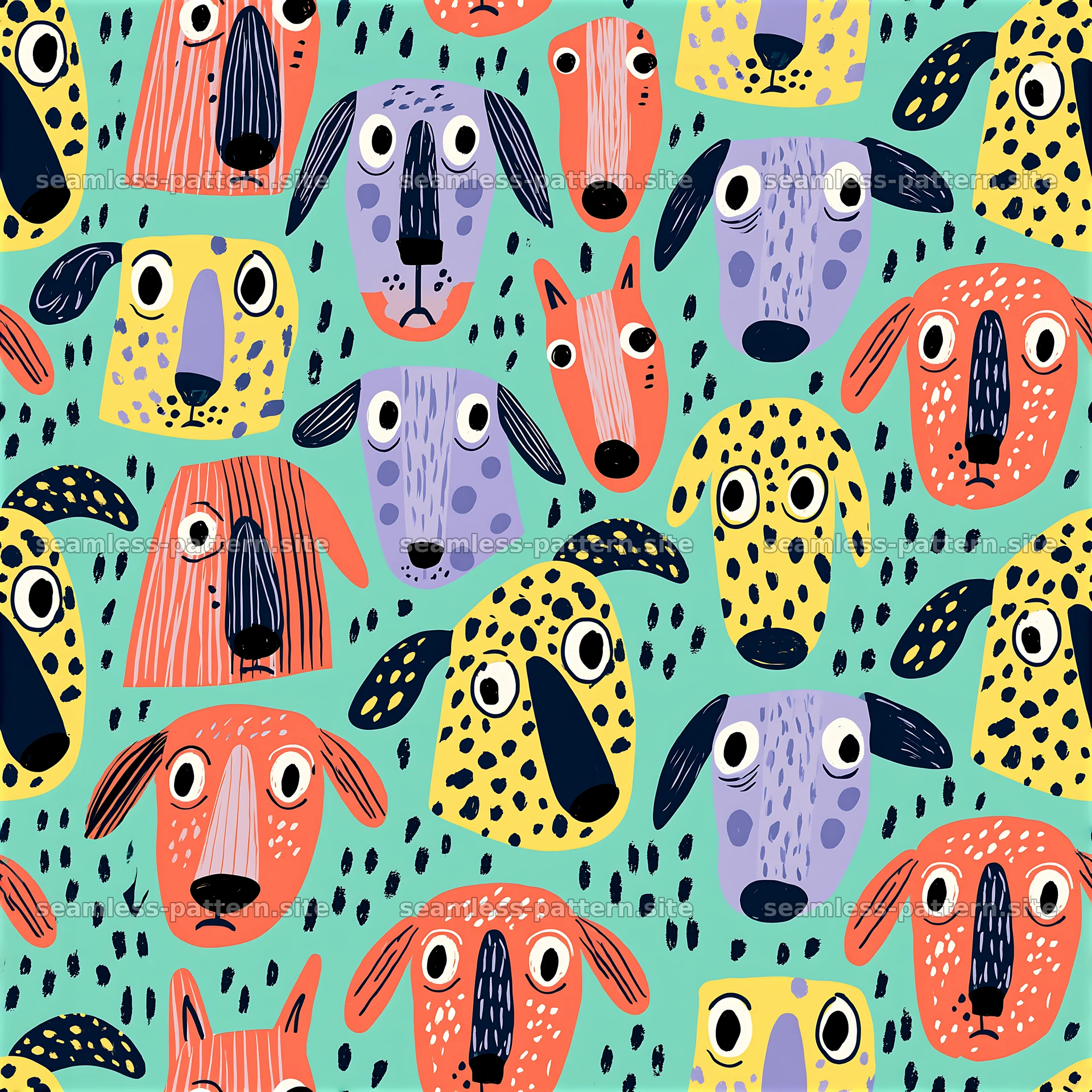 Repeat pattern with playful dog heads on colorful background — seamless tileable pattern at 8192x8192