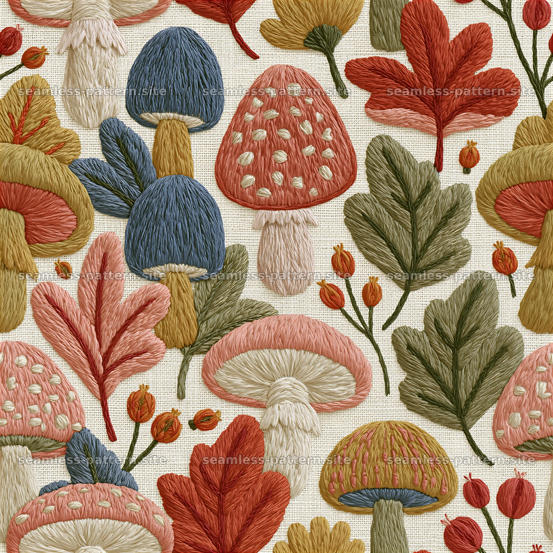 Colorful mushroom seamless pattern with leaves and flowers — seamless tileable pattern at 8192x8192