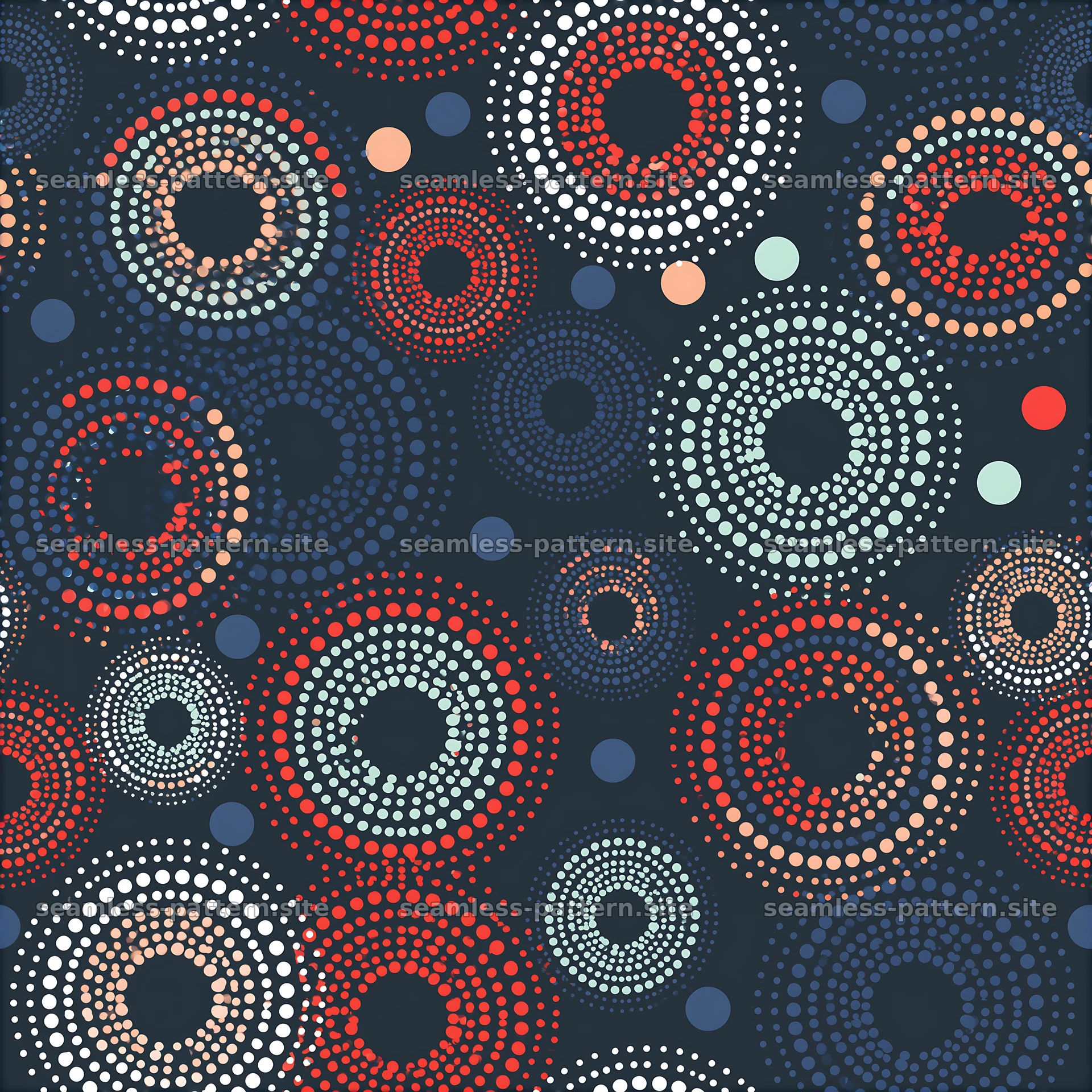 Colorful dot pattern with circular motifs on a dark background — seamless tileable pattern at 8192x8192