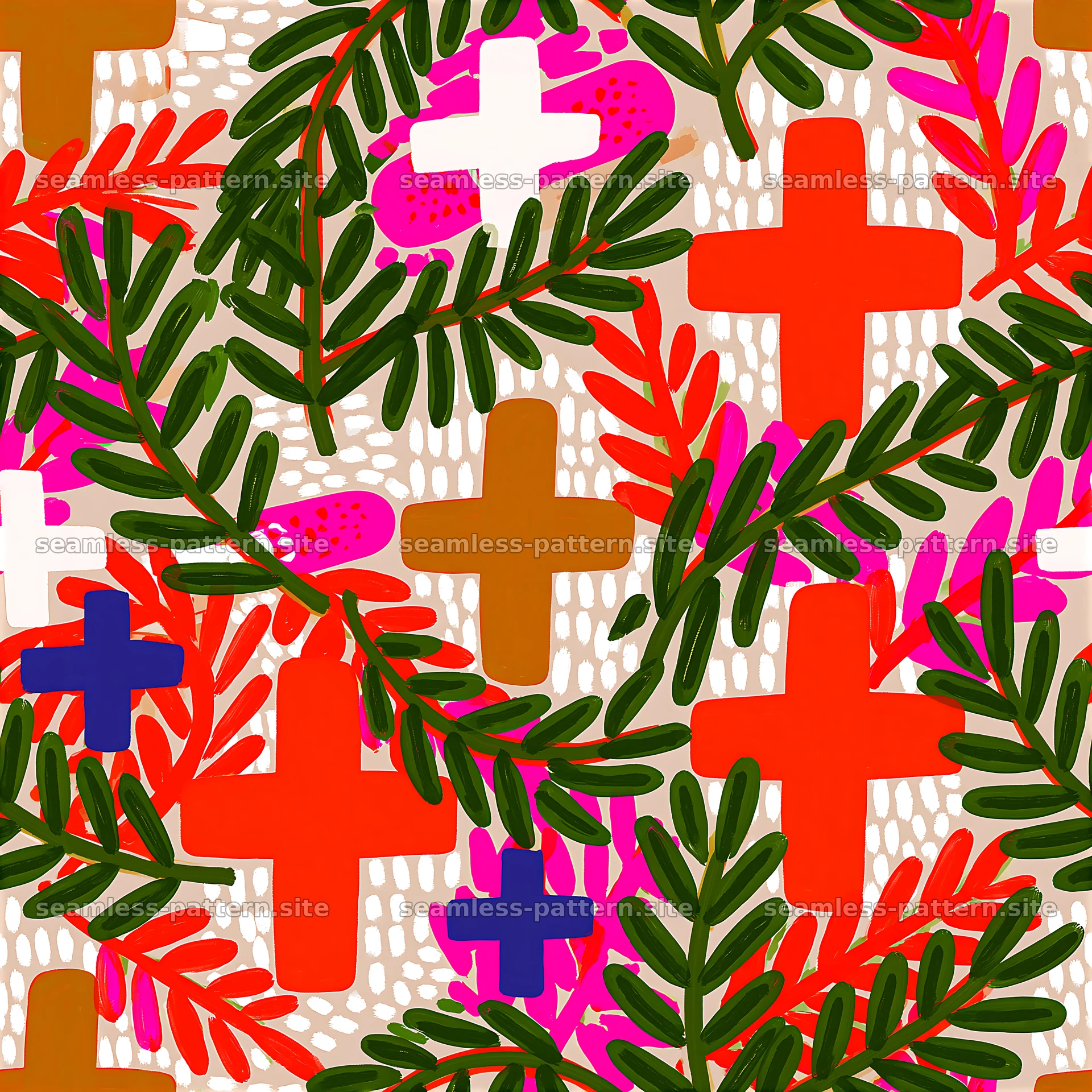 Bold olive branch and colorful cross seamless pattern — seamless tileable pattern at 8192x8192