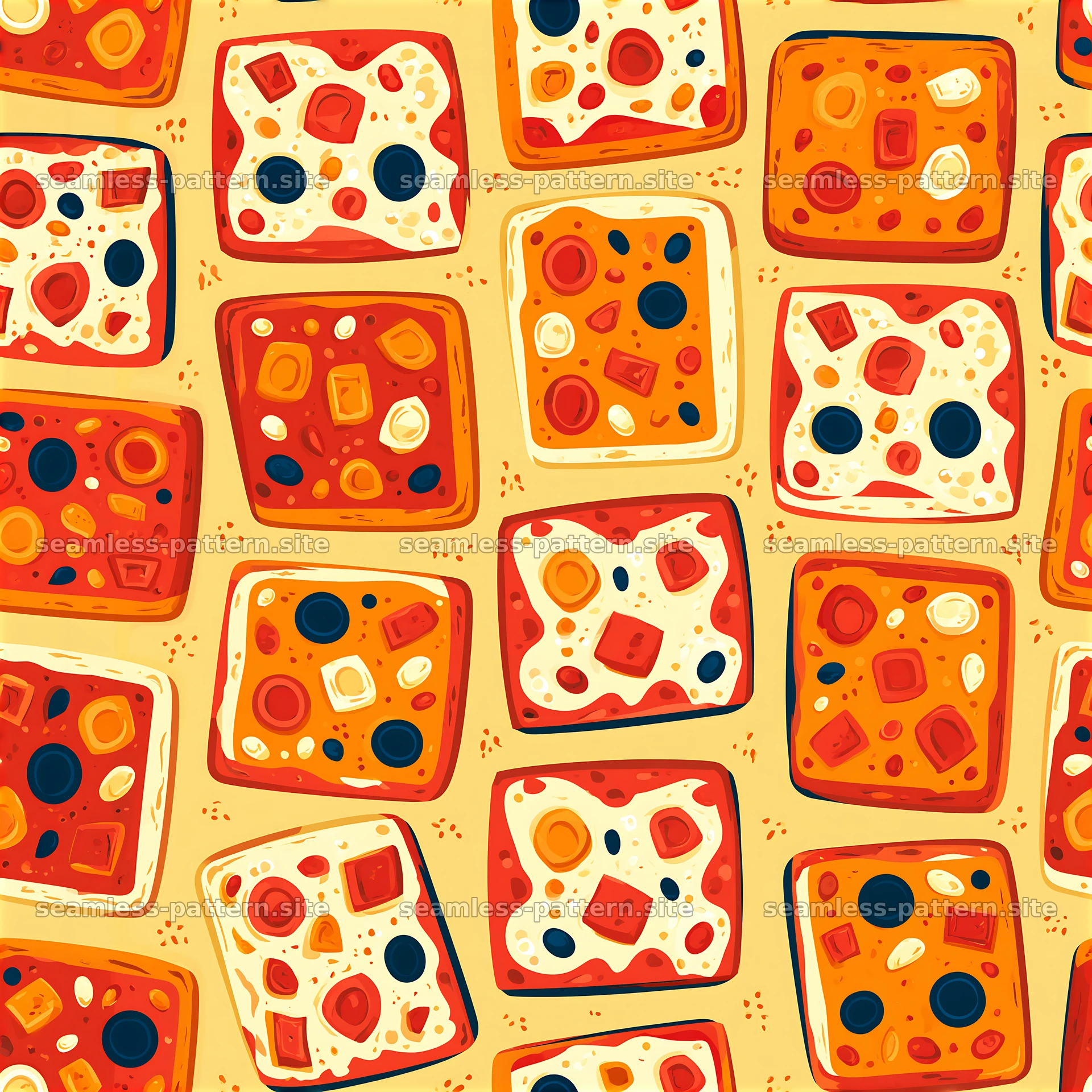 Seamless Cartoon Pizza Pattern with Colorful Toppings — seamless tileable pattern at 8192x8192
