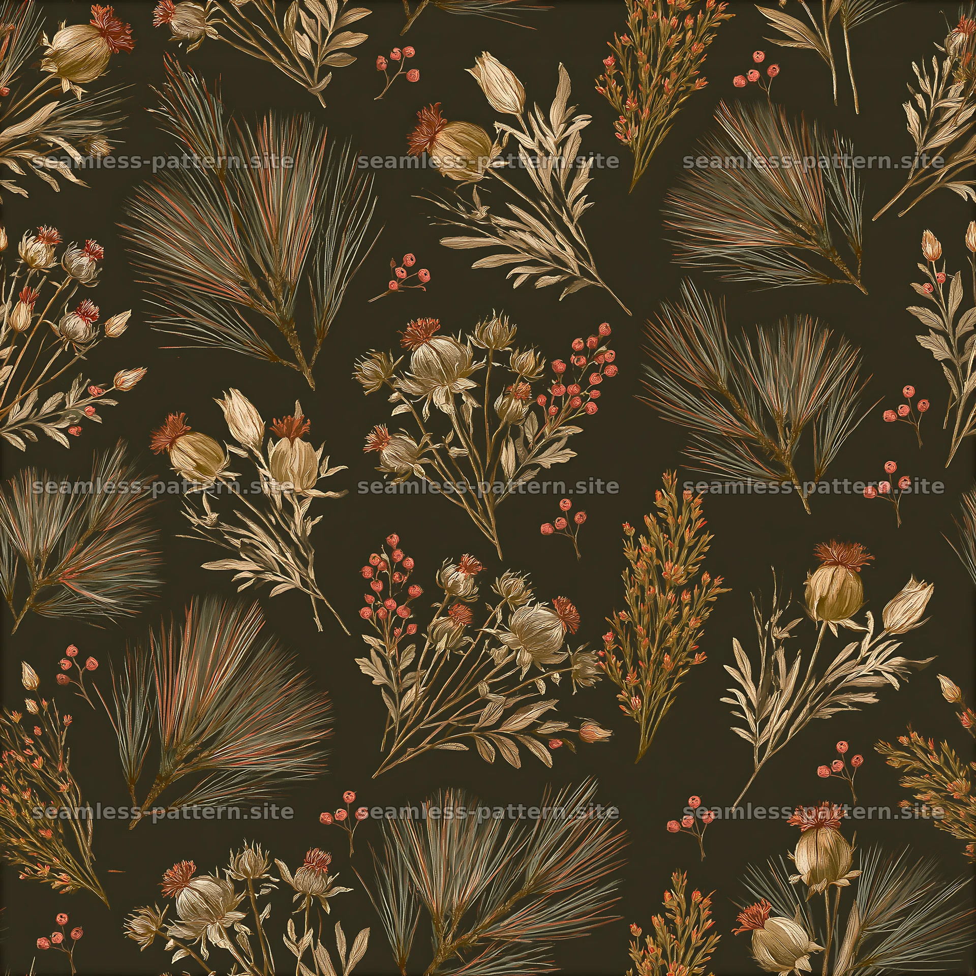 Rustic botanical winter foliage seamless pattern — seamless tileable pattern at 8192x8192