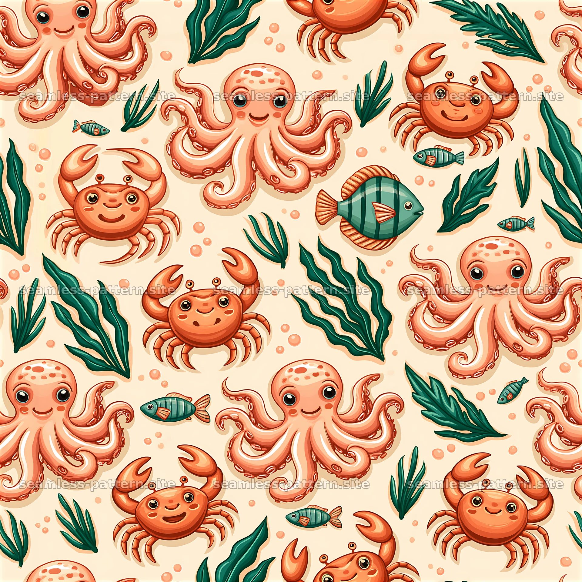 Cute Ocean Animals Seamless Pattern with Crabs and Octopuses — seamless tileable pattern at 8192x8192