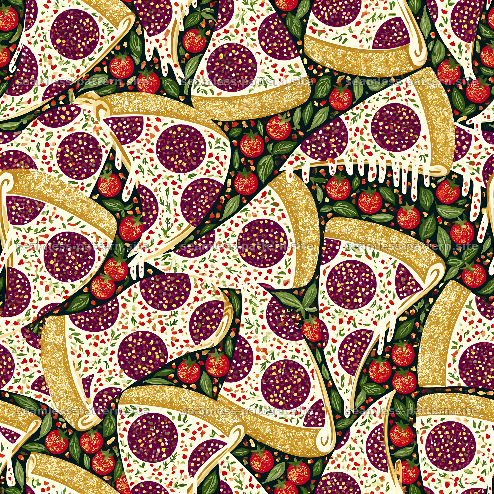 Colorful pizza slice design with vegetables and herbs — seamless tileable pattern at 8192x8192