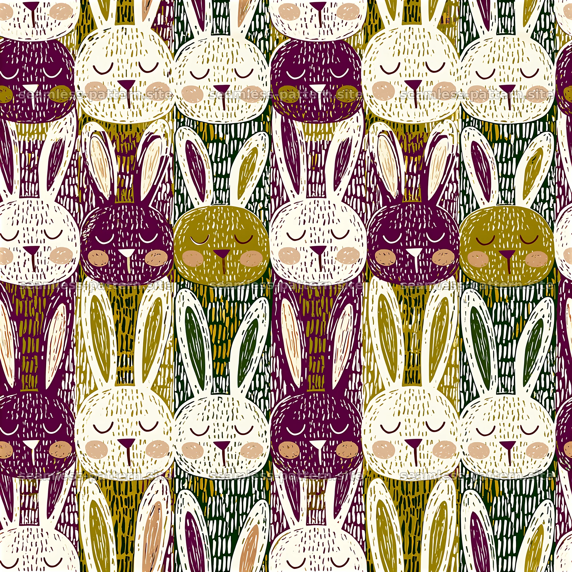 Cute bunny faces with colorful details in repeated pattern — seamless tileable pattern at 8192x8192