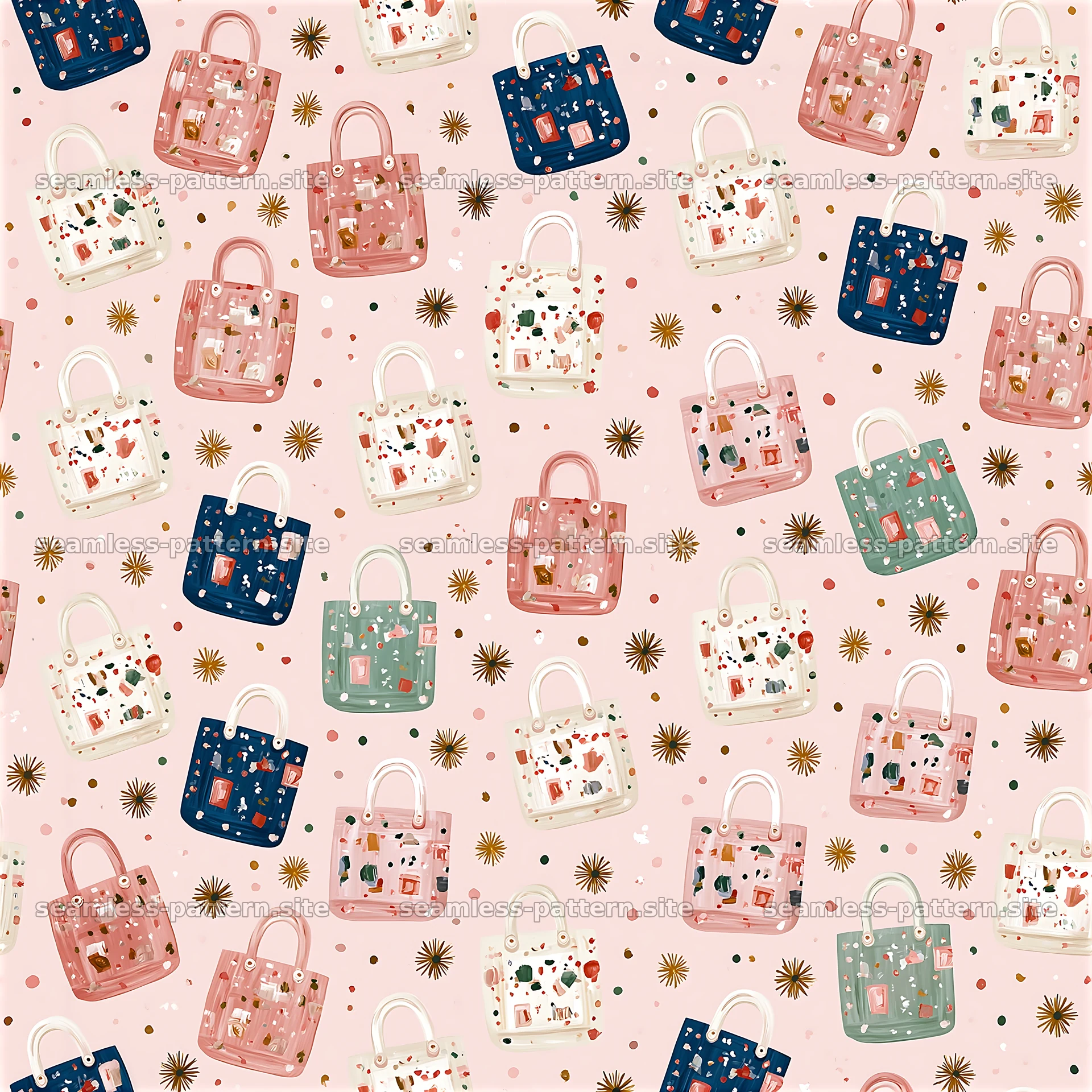 Colorful Handbag and Starburst Seamless Pattern — seamless tileable pattern at 8192x8192
