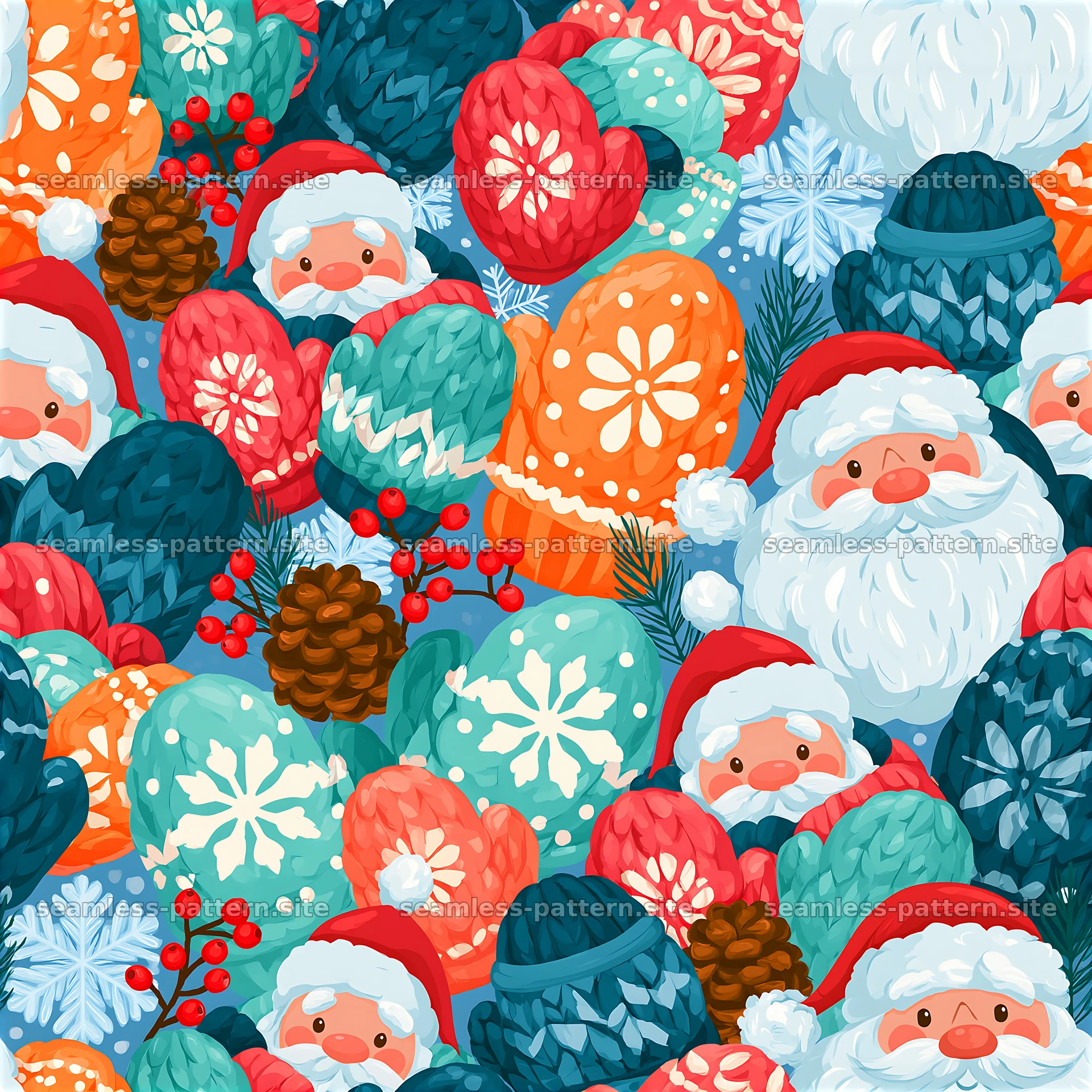 Santa Claus seamless pattern with winter mittens and festive elements — seamless tileable pattern at 8192x8192