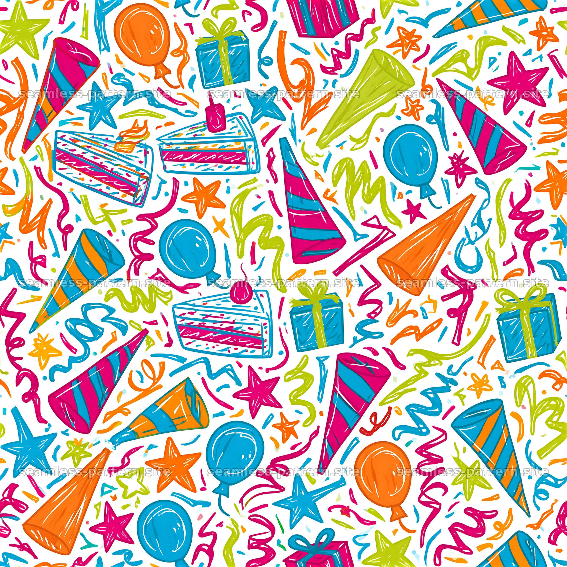 birthday doodle seamless pattern with birthday items and colors — seamless tileable pattern at 8192x8192