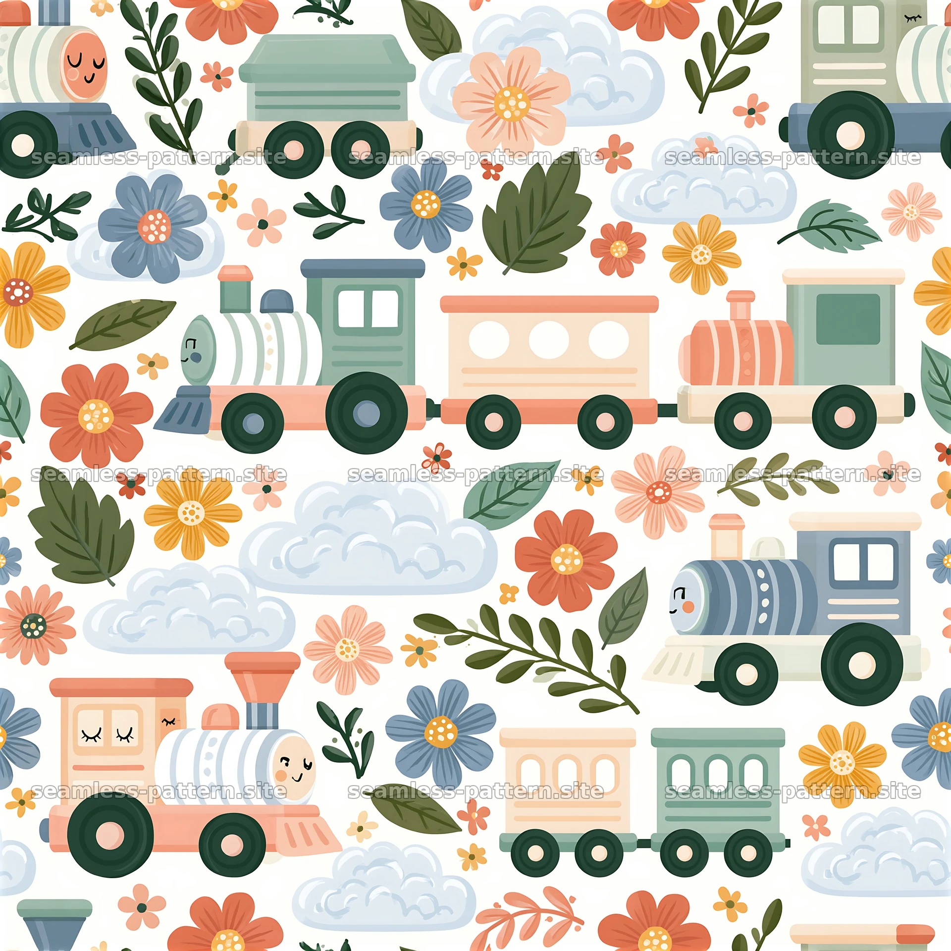 Friendly train seamless pattern for kids features playful elements — seamless tileable pattern at 8192x8192