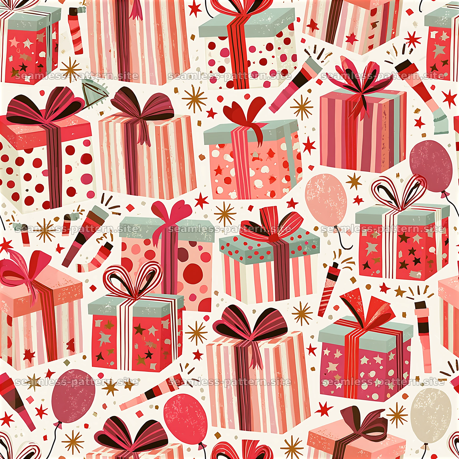 Colorful birthday presents and balloons seamless pattern — seamless tileable pattern at 8192x8192