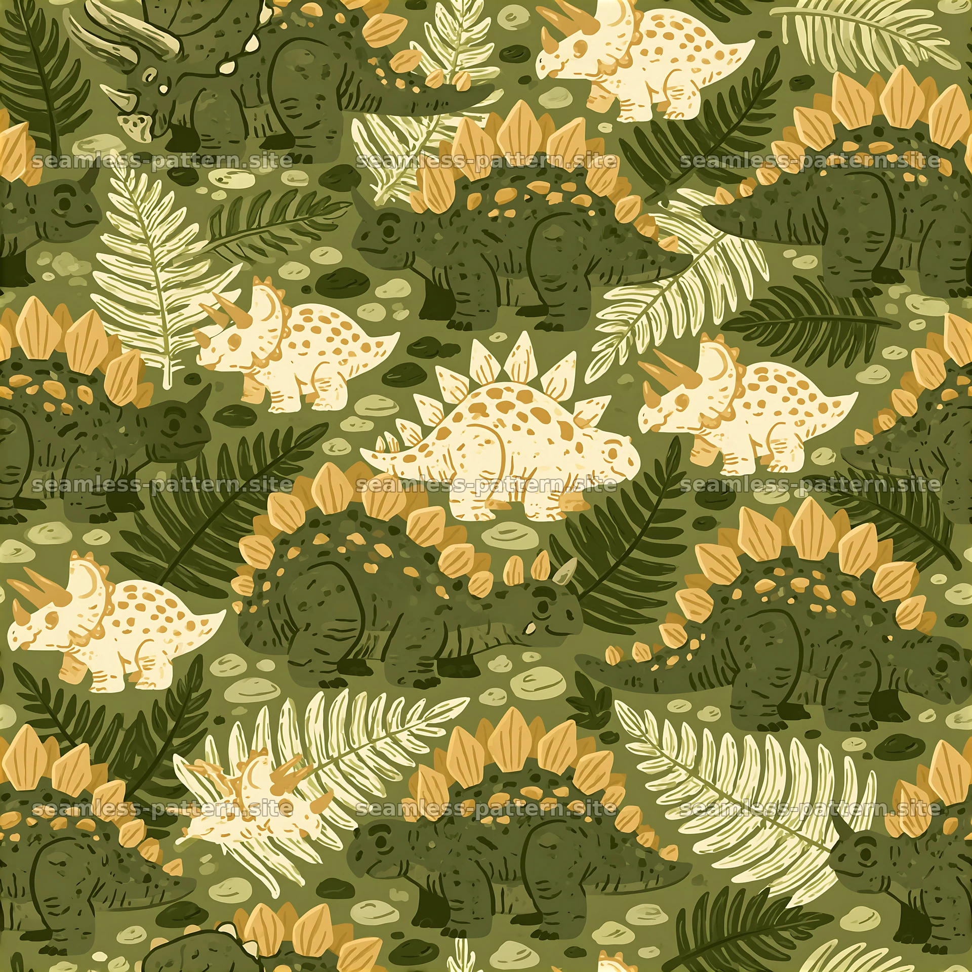 Cute dinosaur seamless pattern with ferns and rocks among dinosaurs — seamless tileable pattern at 8192x8192