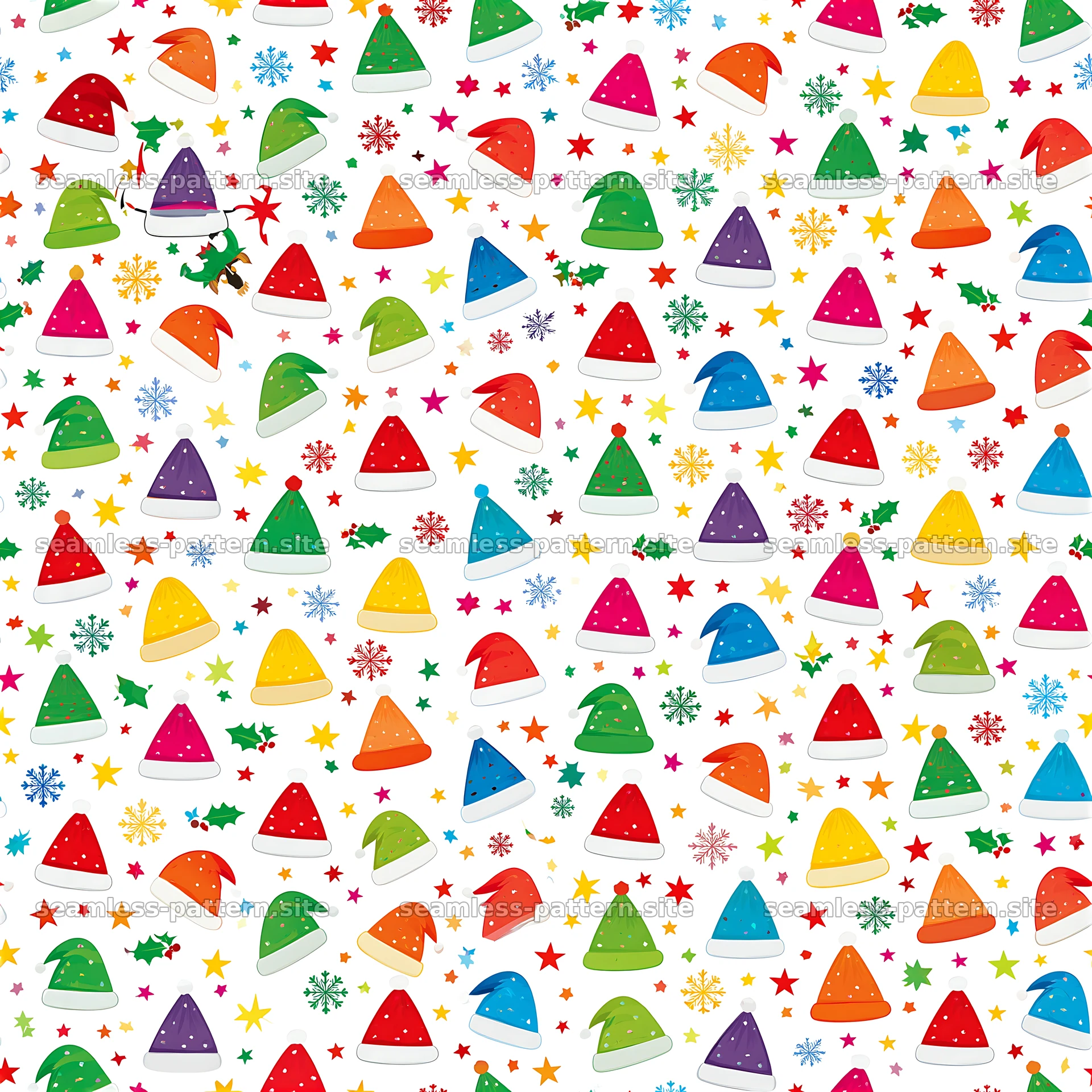 Colorful Christmas seamless pattern with Santa hats and stars — seamless tileable pattern at 8192x8192