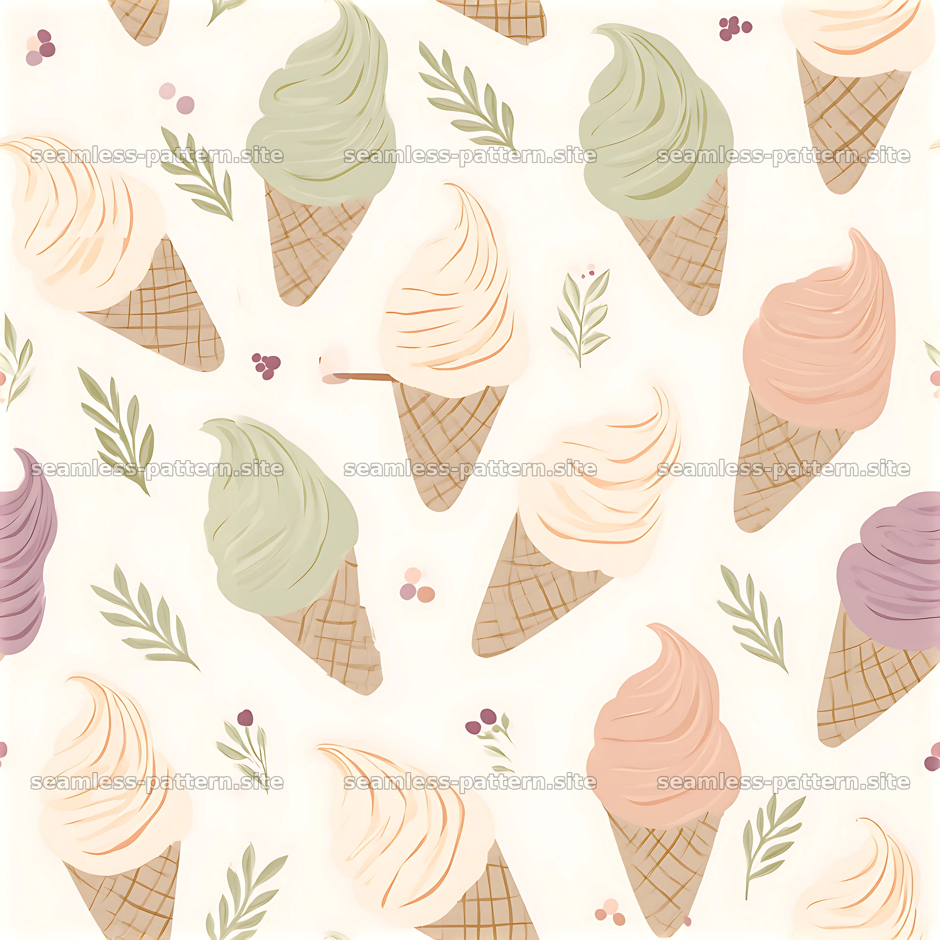 Cute ice cream seamless pattern with cones and soft serve designs — seamless tileable pattern at 8192x8192