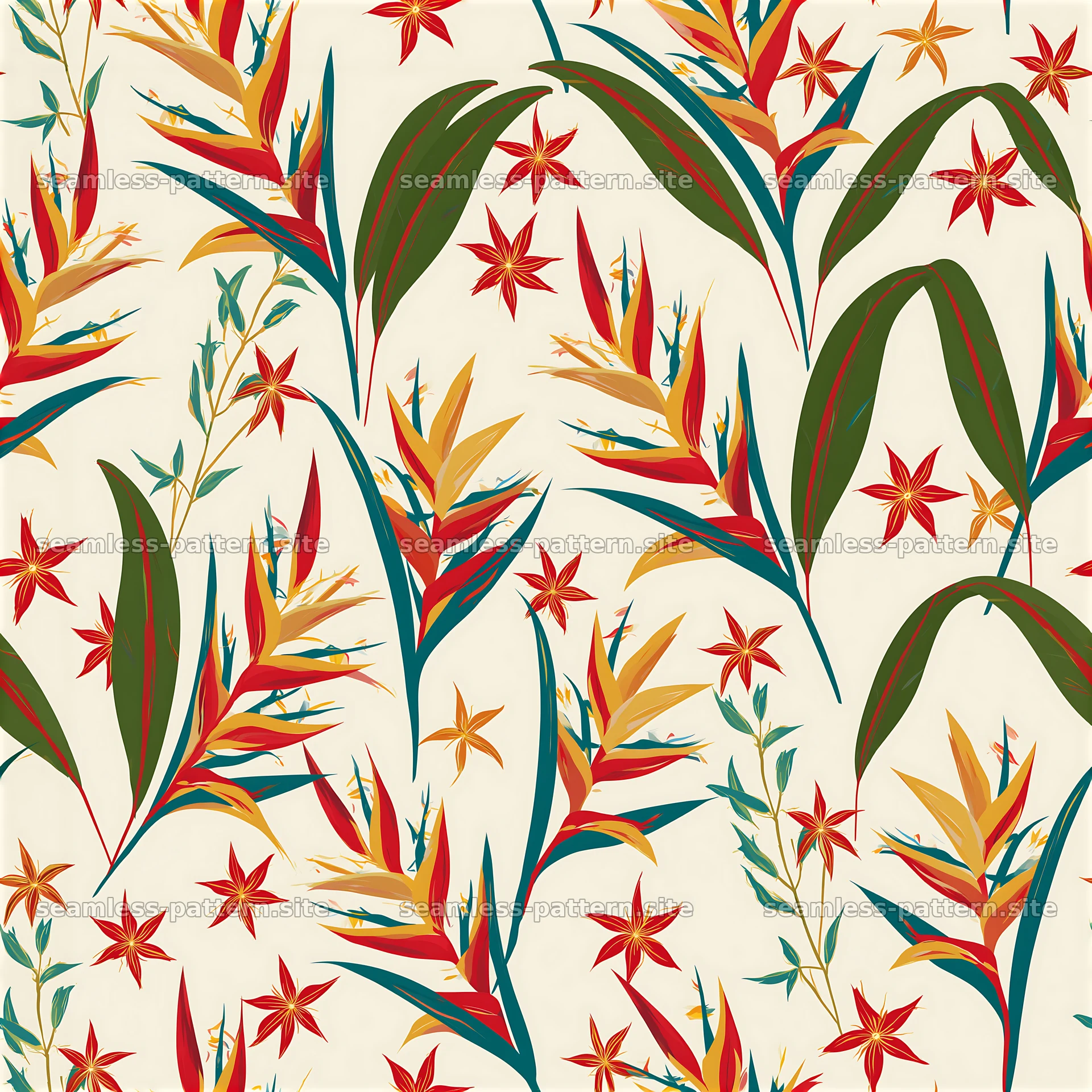 Bright tropical flower seamless pattern with bold leaves — seamless tileable pattern at 8192x8192